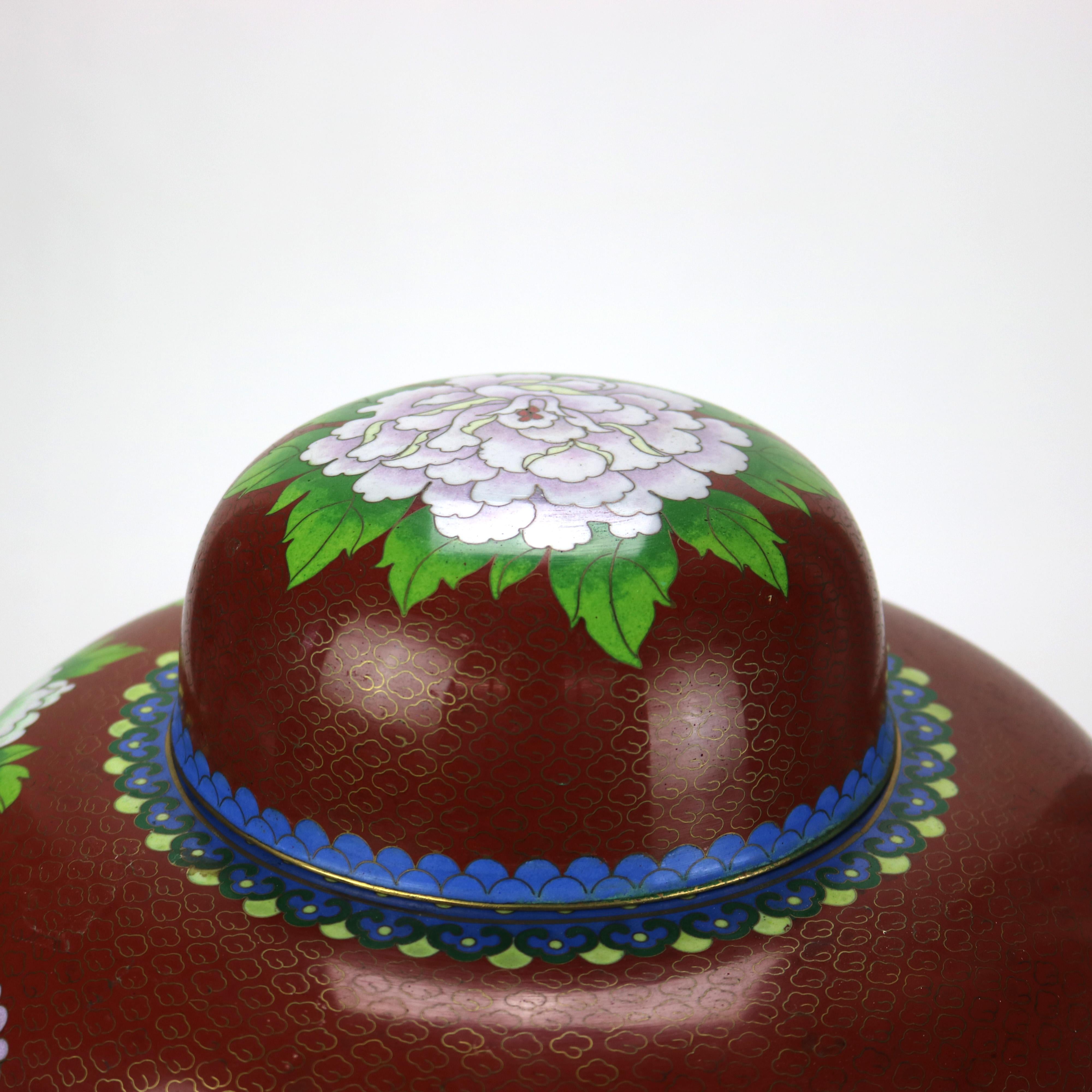 20th Century Oversized Antique Chinese Cloisonne Ginger Jar with Garden Flowers c1920 For Sale