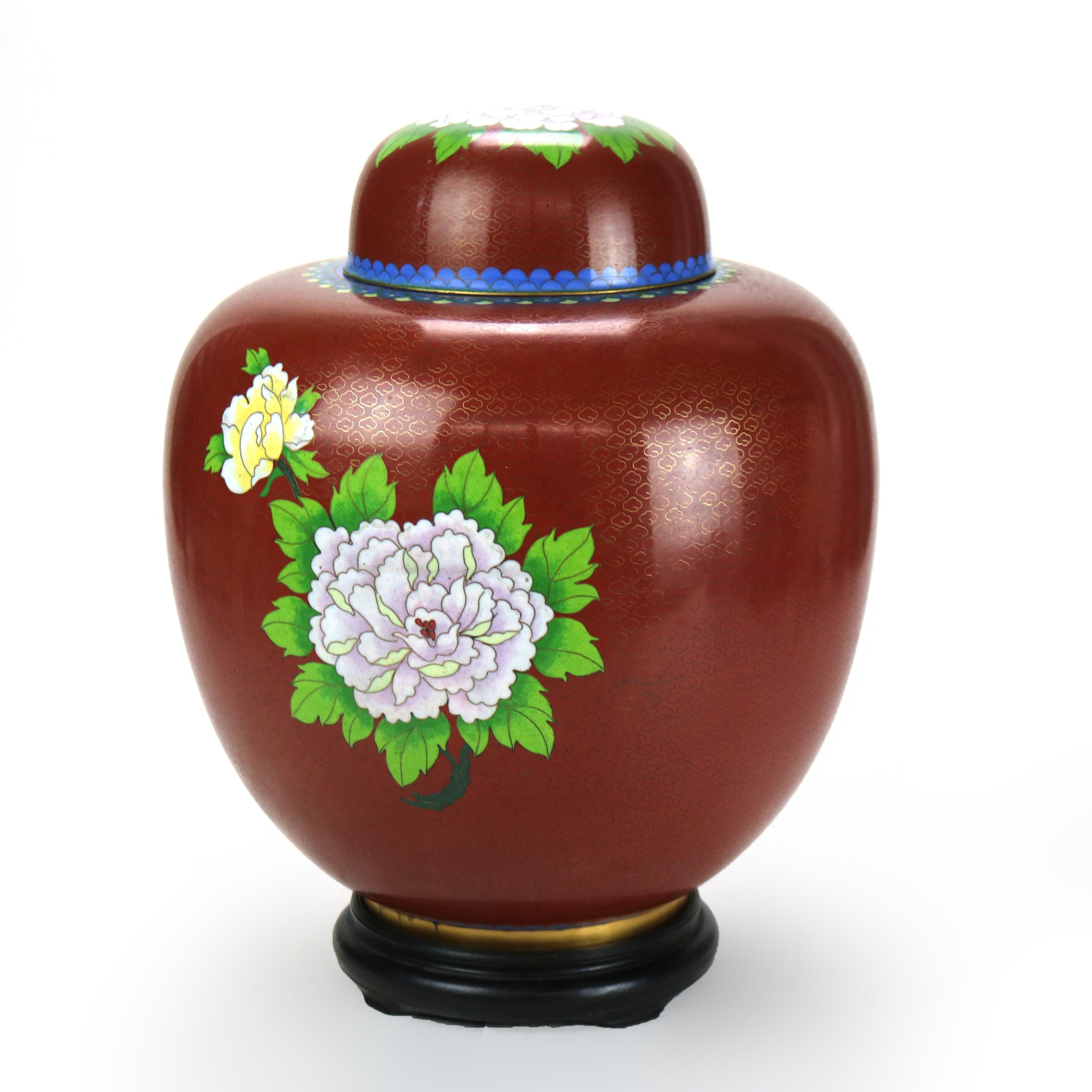 Metal Oversized Antique Chinese Cloisonne Ginger Jar with Garden Flowers c1920 For Sale