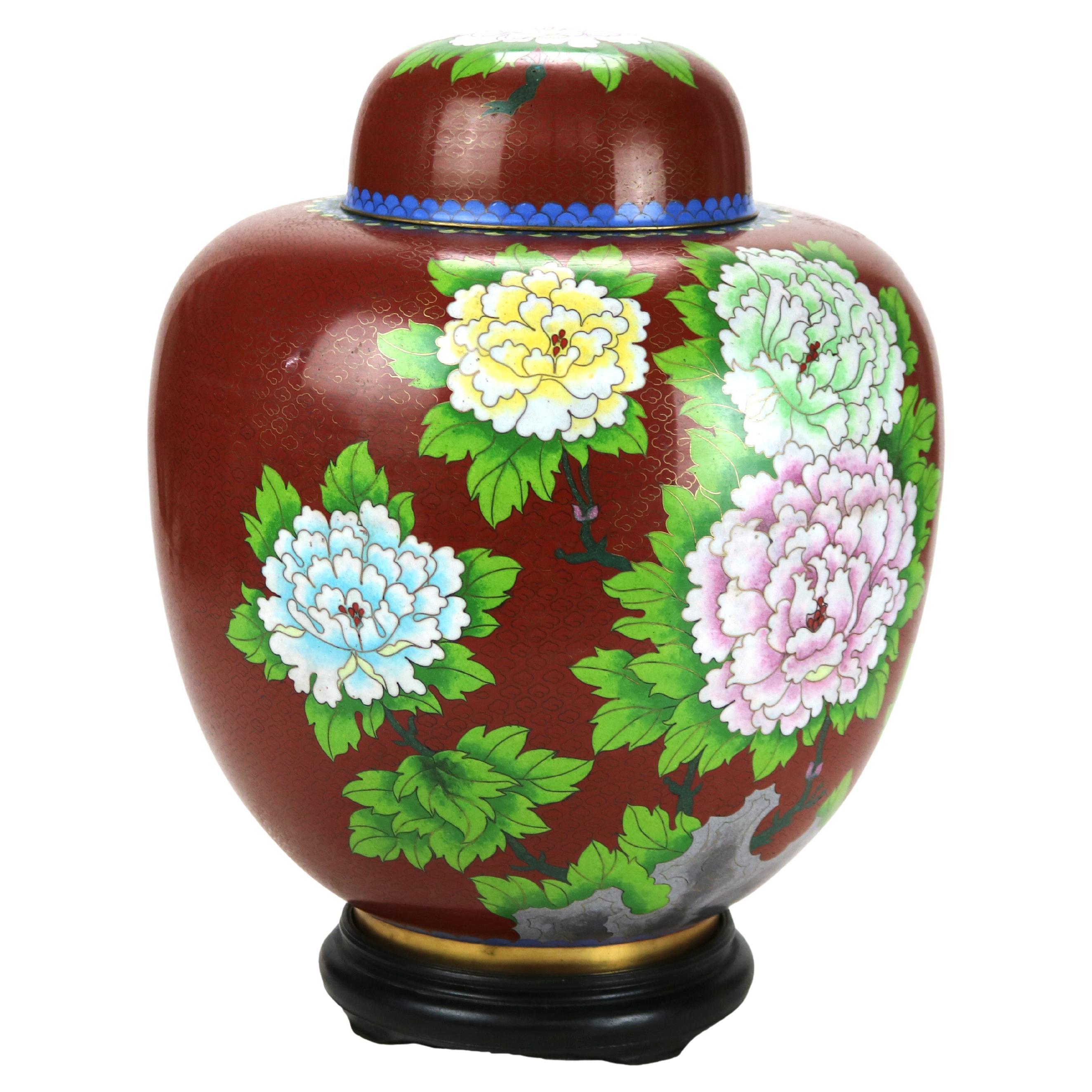 Antiguo tarro de jengibre chino de cloisonné sobredimensionado con flores de jardín c1920