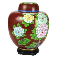 Antiguo tarro de jengibre chino de cloisonné sobredimensionado con flores de jardín c1920