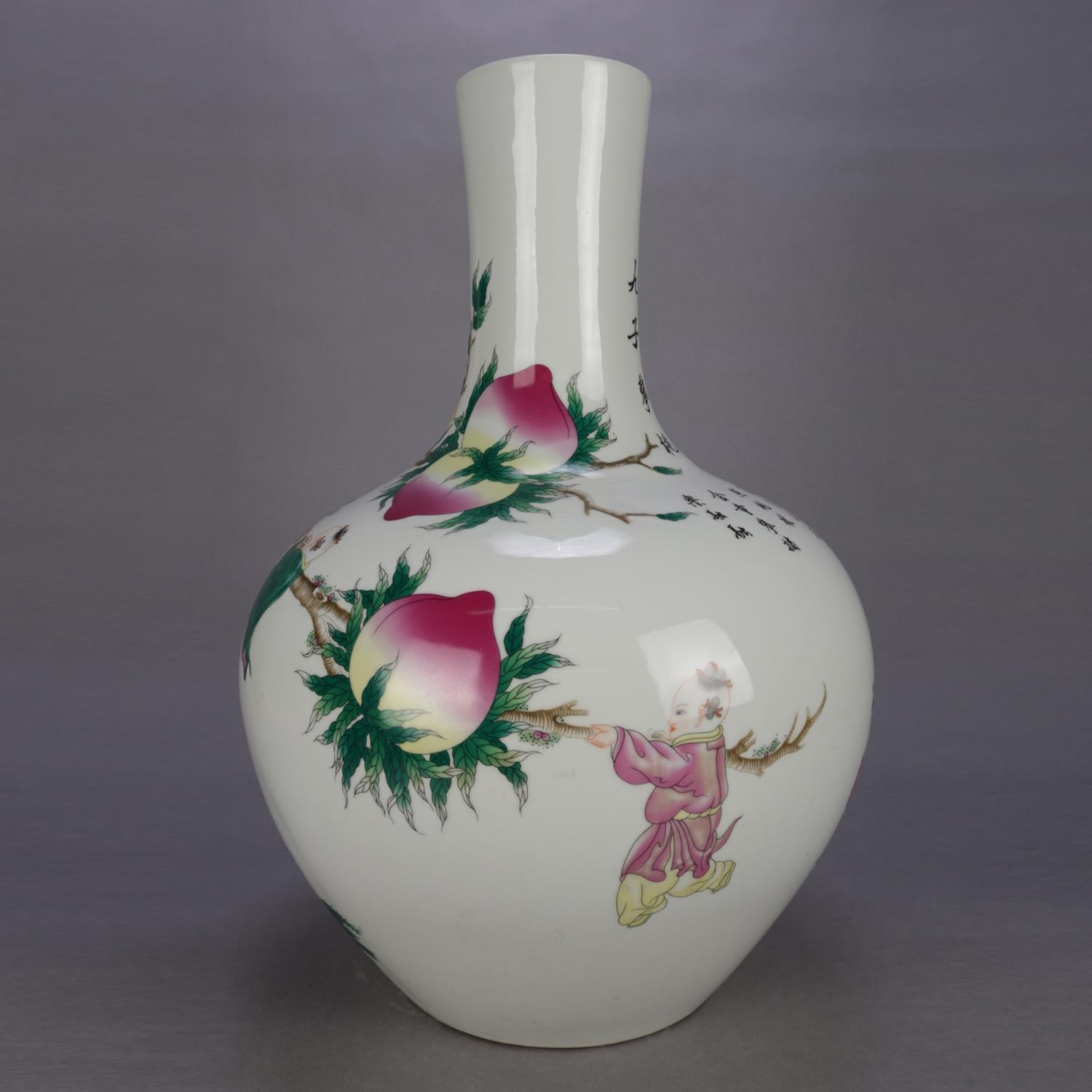 An oversized antique Chinese porcelain vase features bulbous form with countryside scene depicting children playing and tree climbing, en verso verbiage, stamp signed on base, 20th century.

Measures: 23