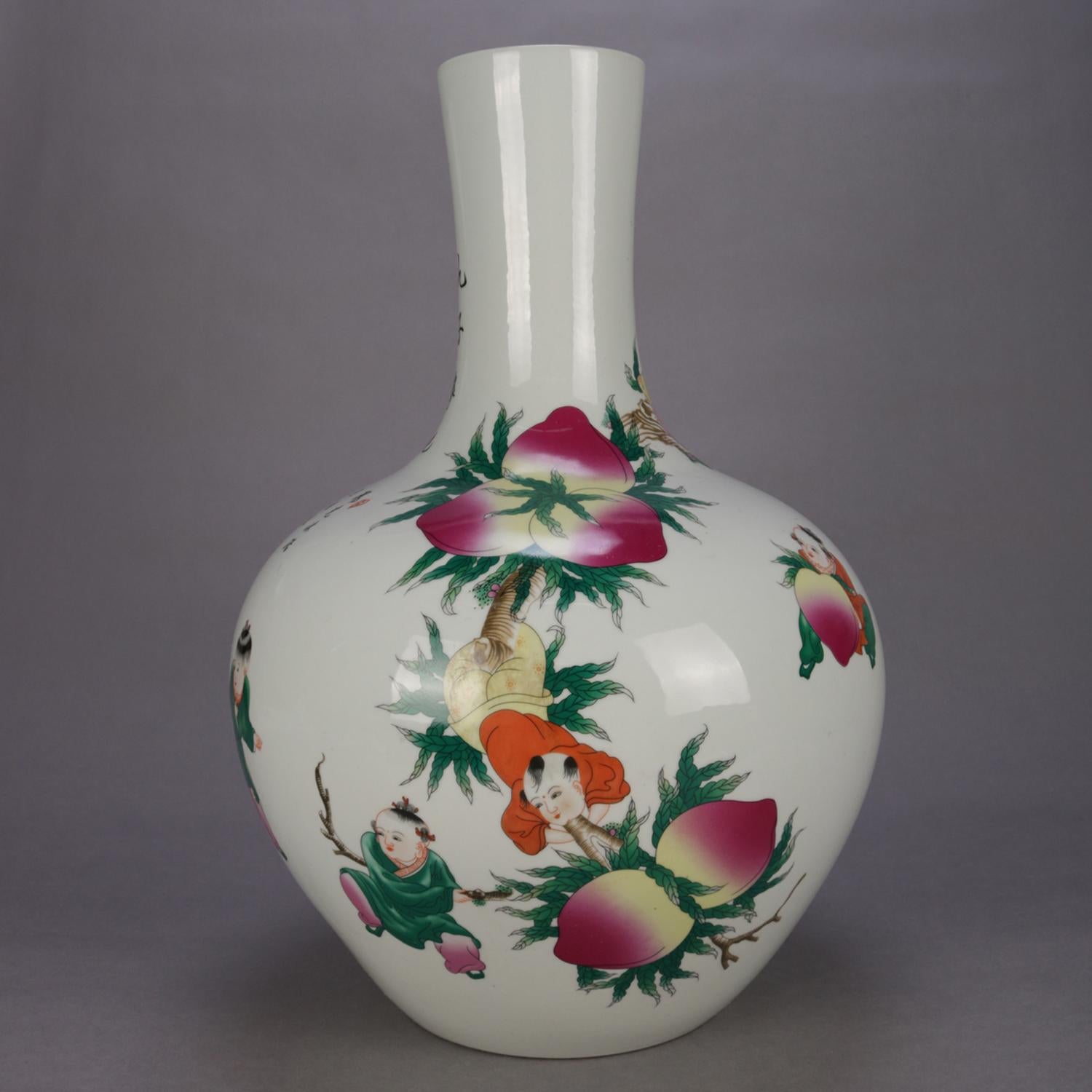 Porcelain Oversized Antique Chinese Hand Painted Bulbous Vase, Tree & Figures 20th Century