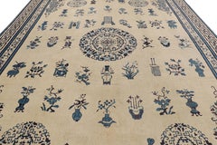 Oversized Antique Chinese Ningxia Rug in Cream White and Blue.