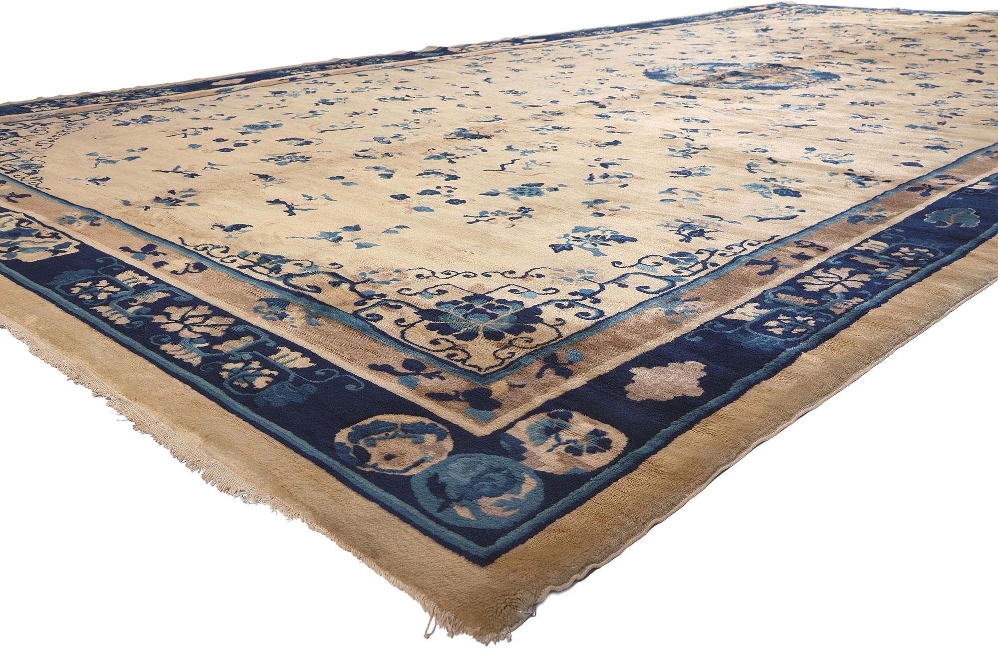 72179 Late 19th Century Antique Chinese Peking Rug, 10'02 x 19'03. Chinoiserie Chic converges with regal decadence in this hand-knotted wool oversized antique Chinese Peking rug, embodying a captivating blend of intricate floral details and