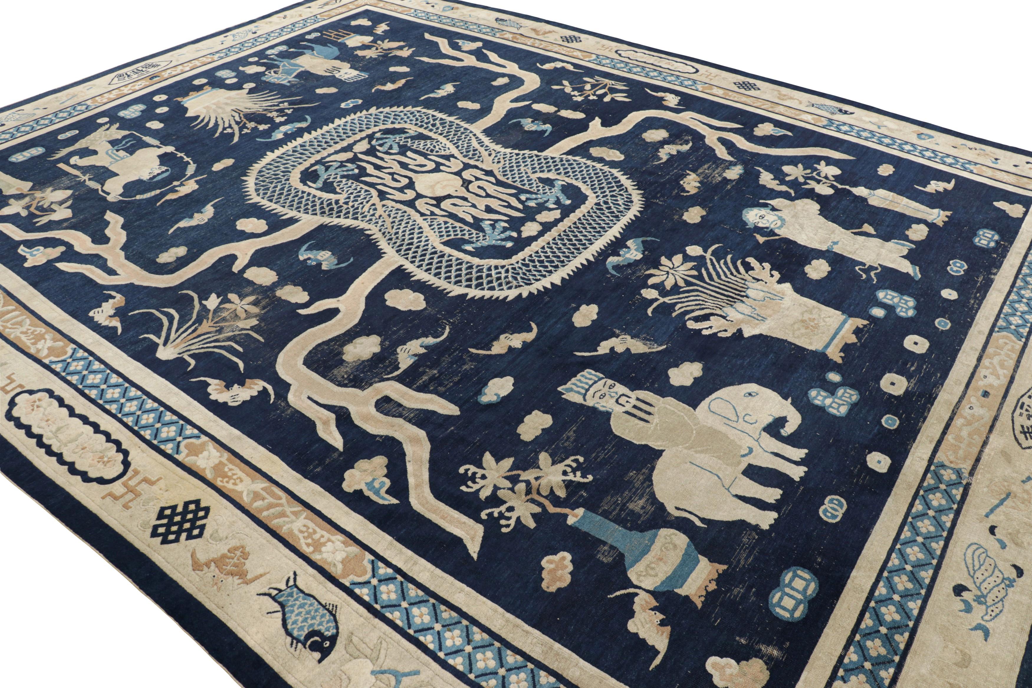 Oversized Antique Chinese Peking Rug in Navy Blue with Pictorials - Rug & Kilim In Good Condition For Sale In Long Island City, NY