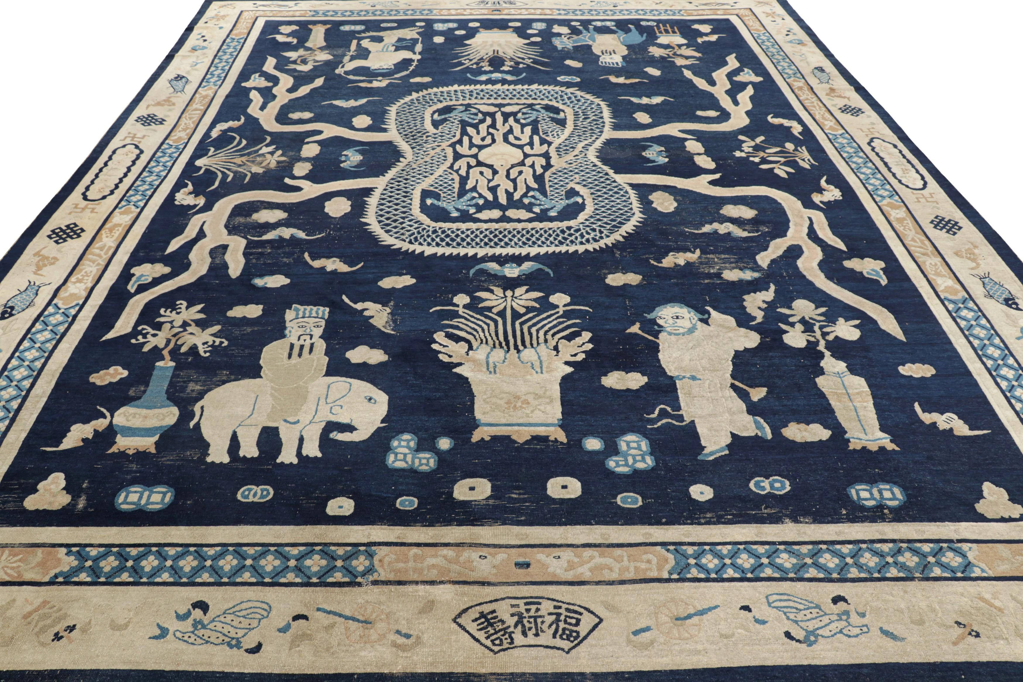 Late 19th Century Oversized Antique Chinese Peking Rug in Navy Blue with Pictorials - Rug & Kilim For Sale