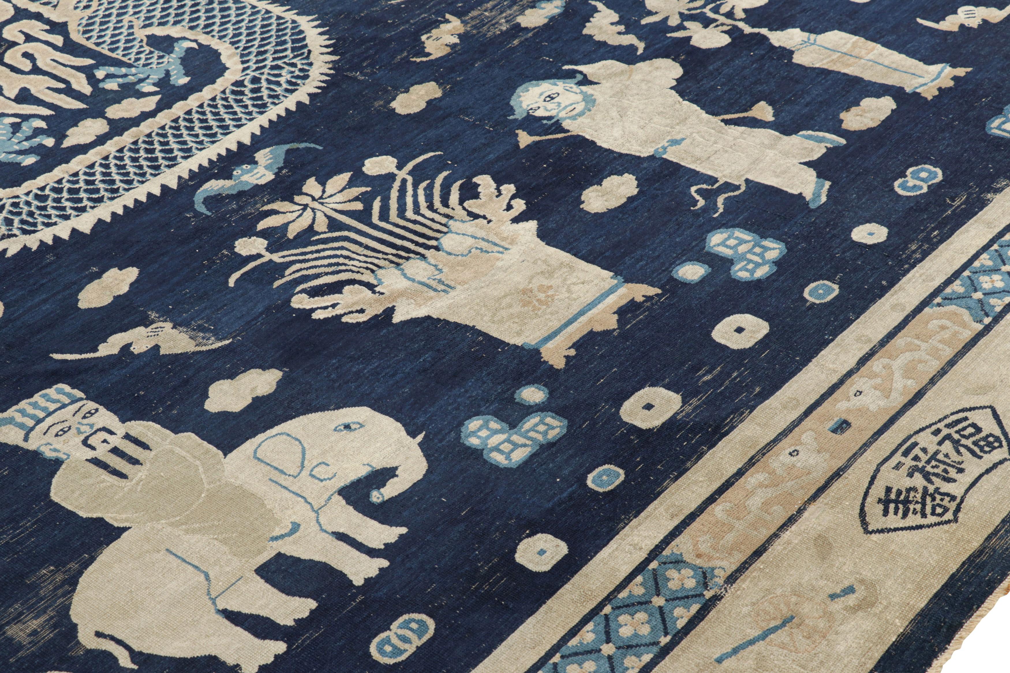 Wool Oversized Antique Chinese Peking Rug in Navy Blue with Pictorials - Rug & Kilim For Sale