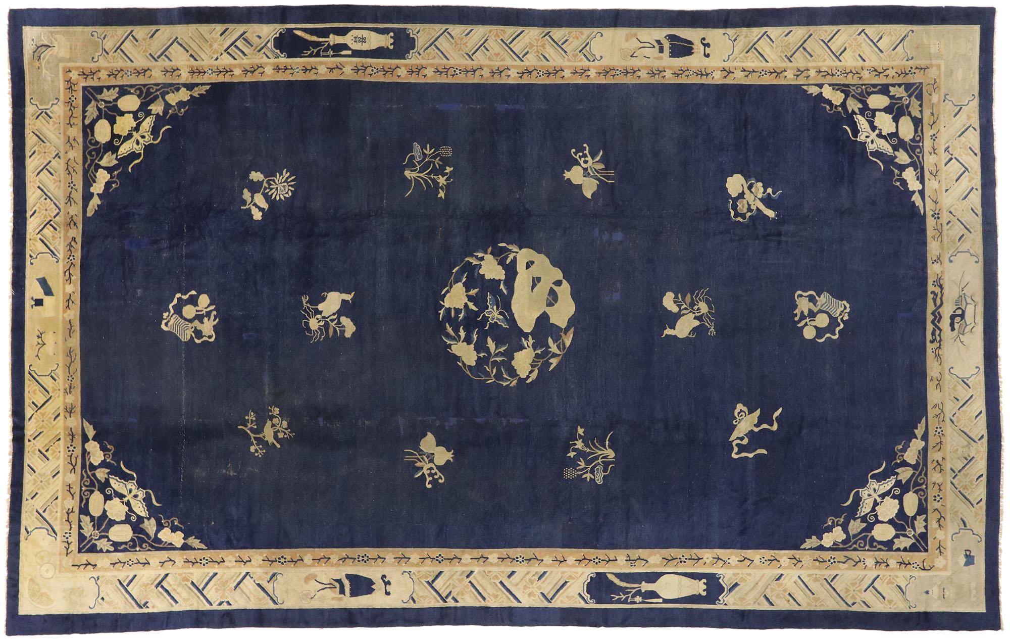 Antique Indigo Chinese Peking Carpet with Traditional Qing Dynasty Style For Sale 2