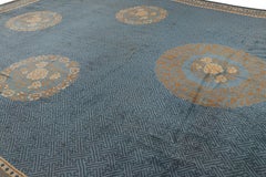 Oversized Antique Chinese Rug in Blue with Floral Medallions