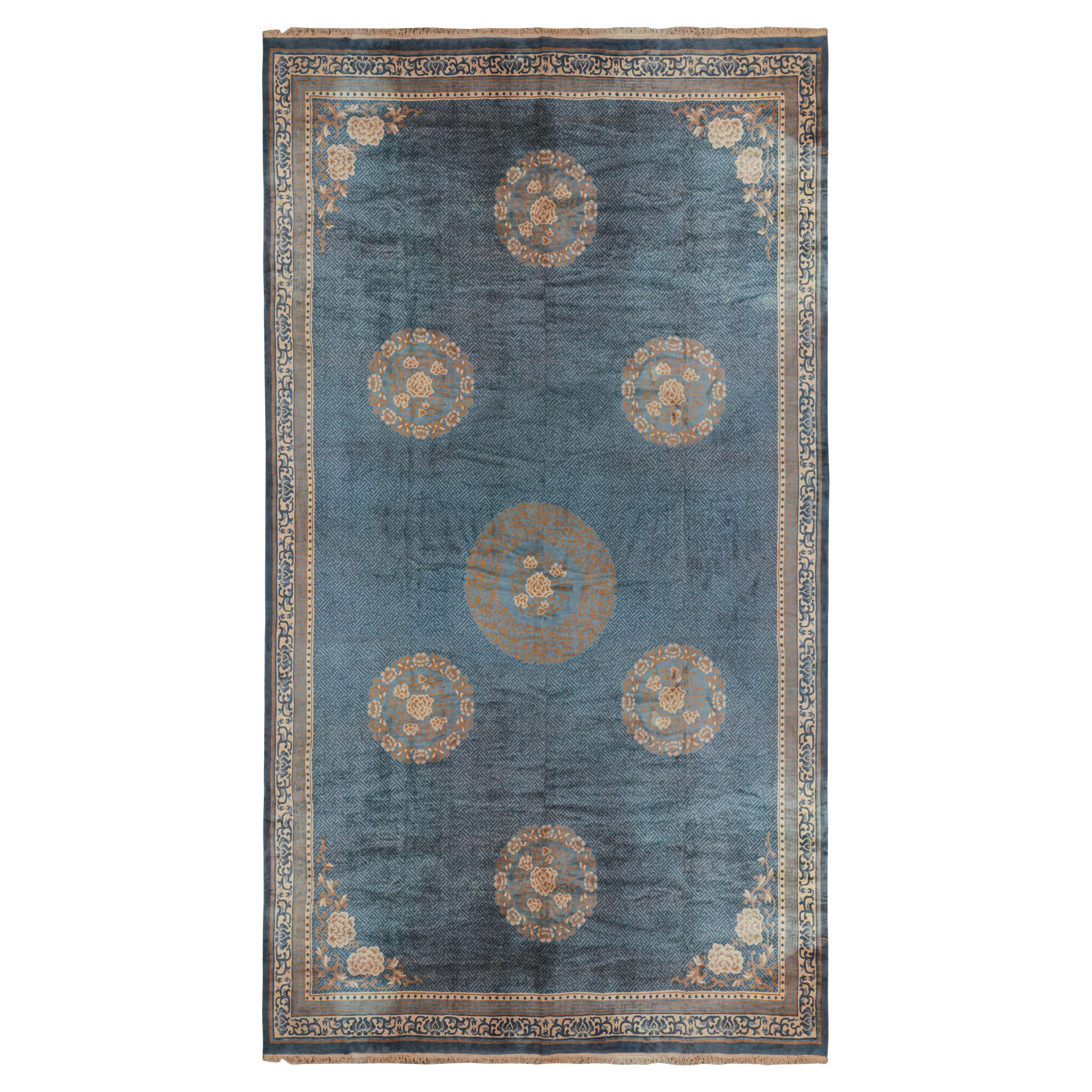 Oversized Antique Chinese Rug in Blue with Floral Medallions