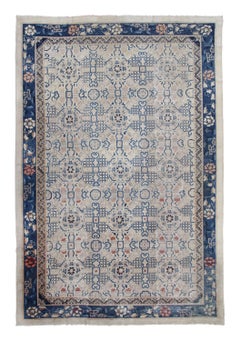 Oversized Antique Chinese Rug with Blue & Ivory Floral Lattice - Rug & Kilim