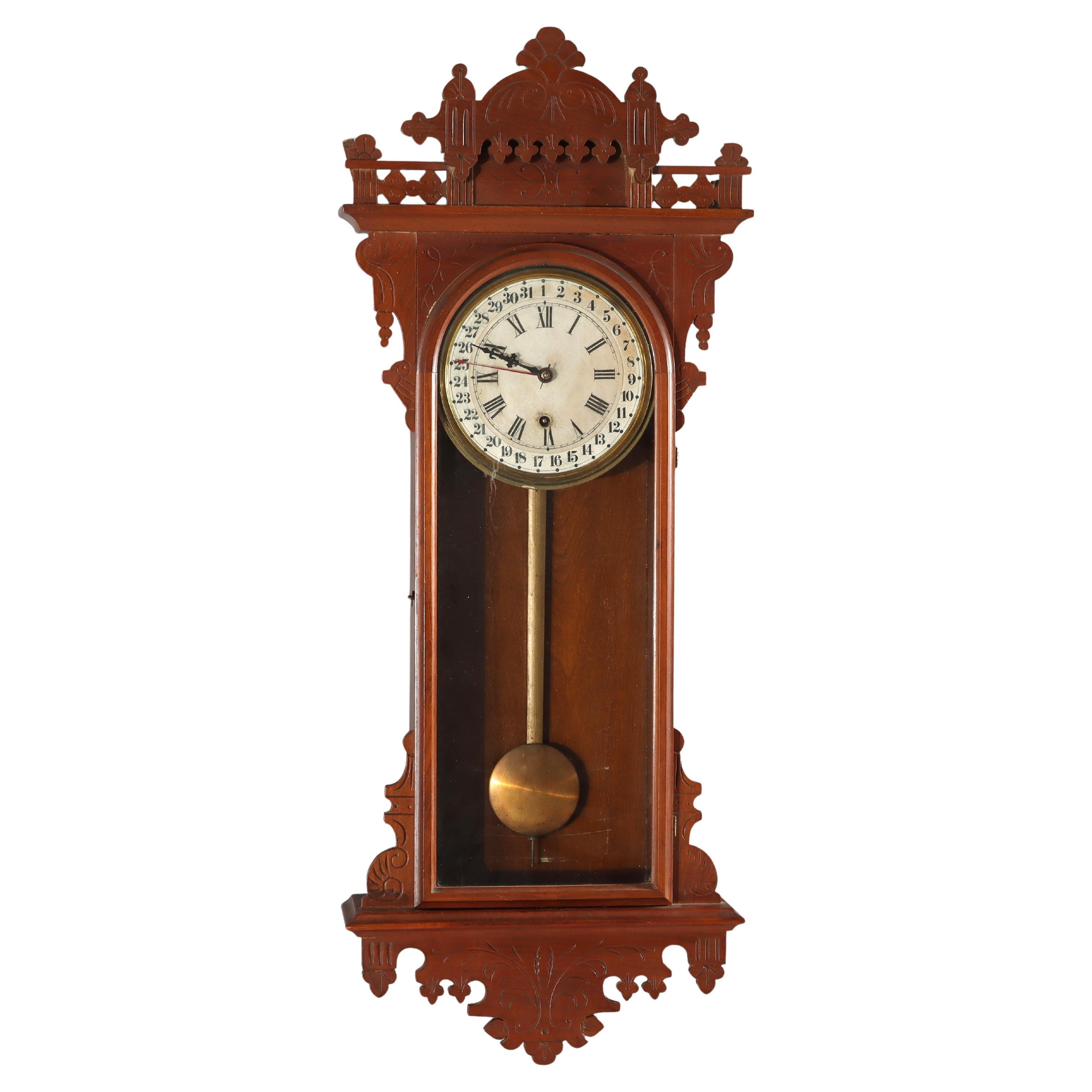 Oversized Antique Chip Carved Walnut Calendar Clock c1890