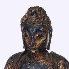 Oversized Antique Ebonized, Gilt & Vermillion Carved Wood Seated Buddha 19thC