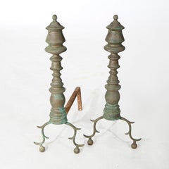 Oversized Antique Federal Baluster Brass & Wrought Iron Andirons Circa 1800