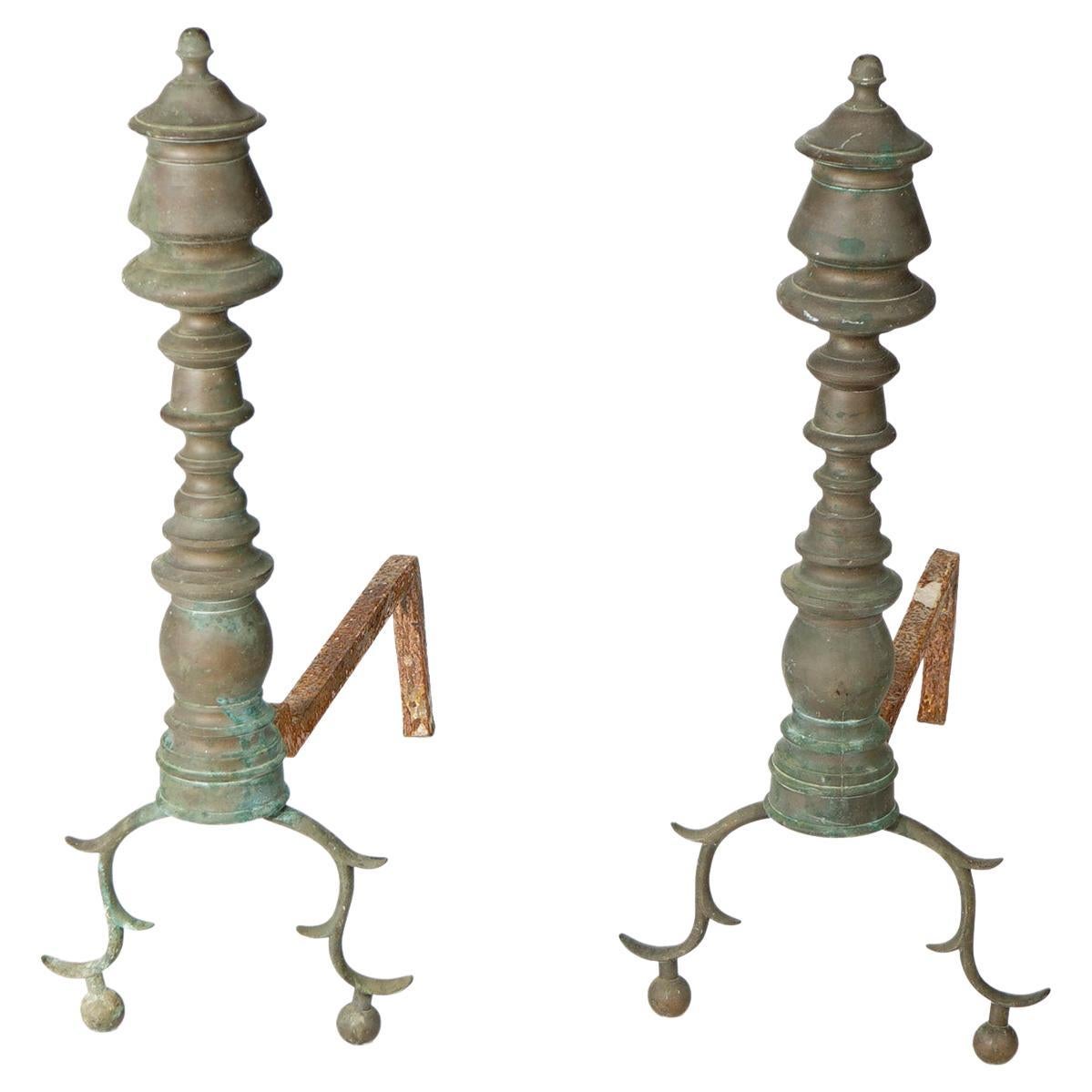Oversized Antique Federal Baluster Brass and Wrought Iron Andirons