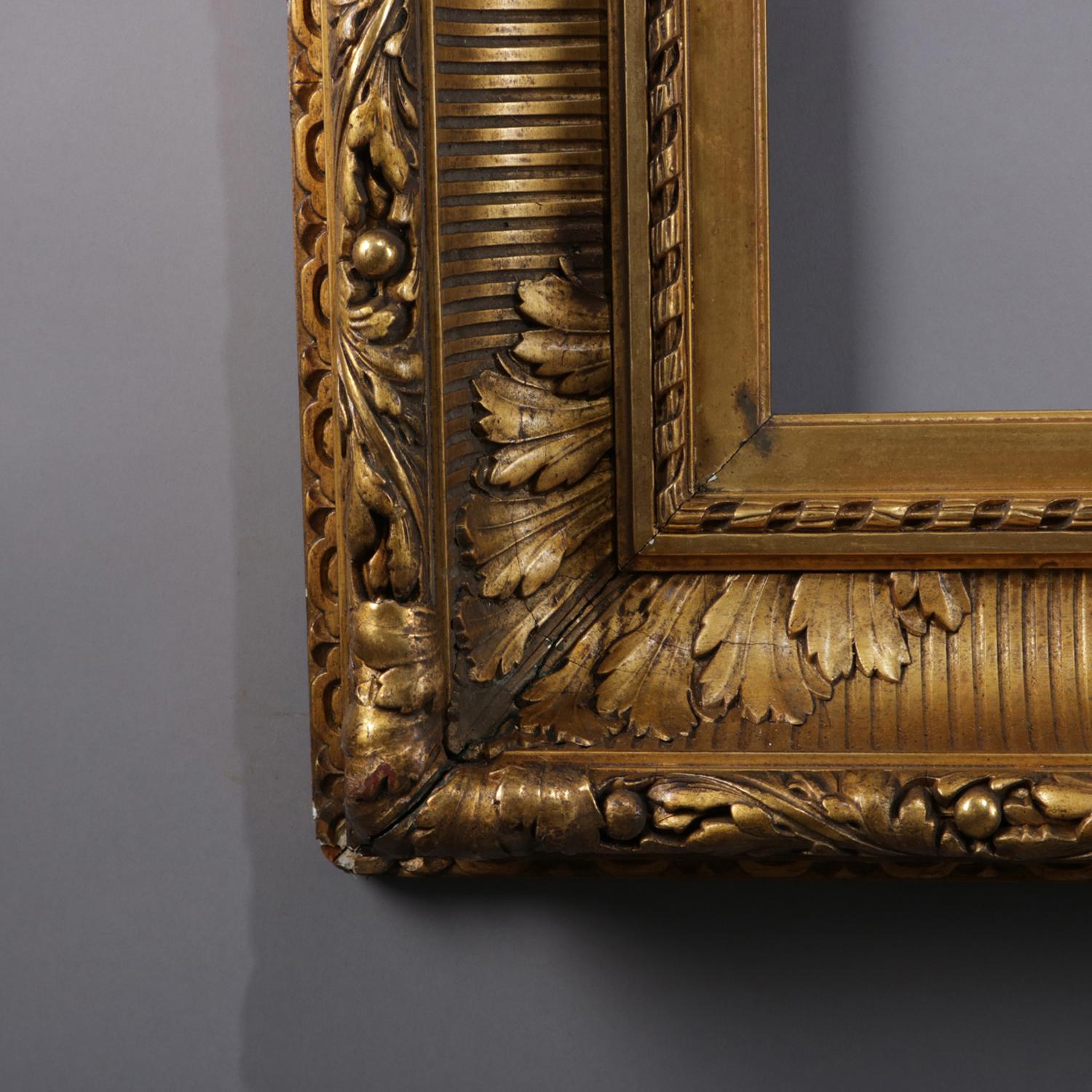 An oversized Hudson River School first finish giltwood museum frame features cove molded form with reeding and acanthus foliate corners, circa 1890.

Measures: Overall 45.5
