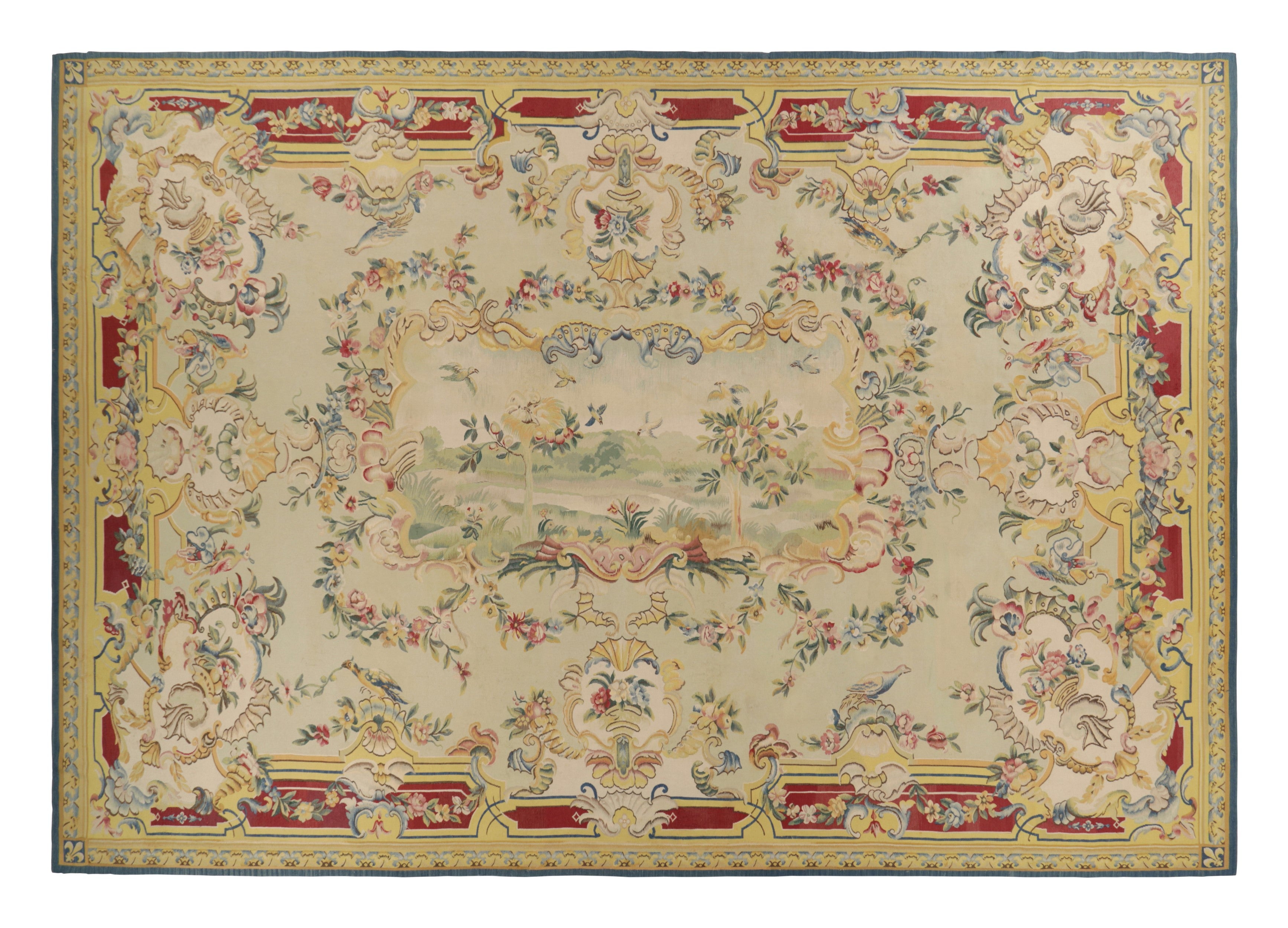 Tappeto Aubusson antico sovradimensionato, verde con medaglione pittorico - Rug & Kilim