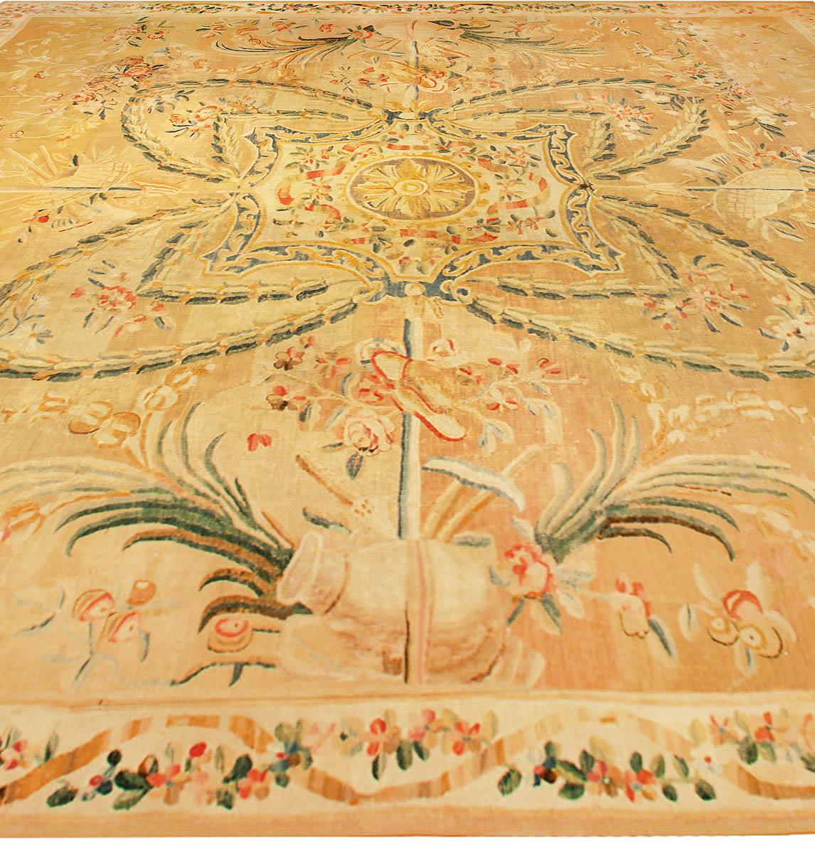 Hand-Knotted Oversized Antique French Aubusson Yellow Wool Rug For Sale