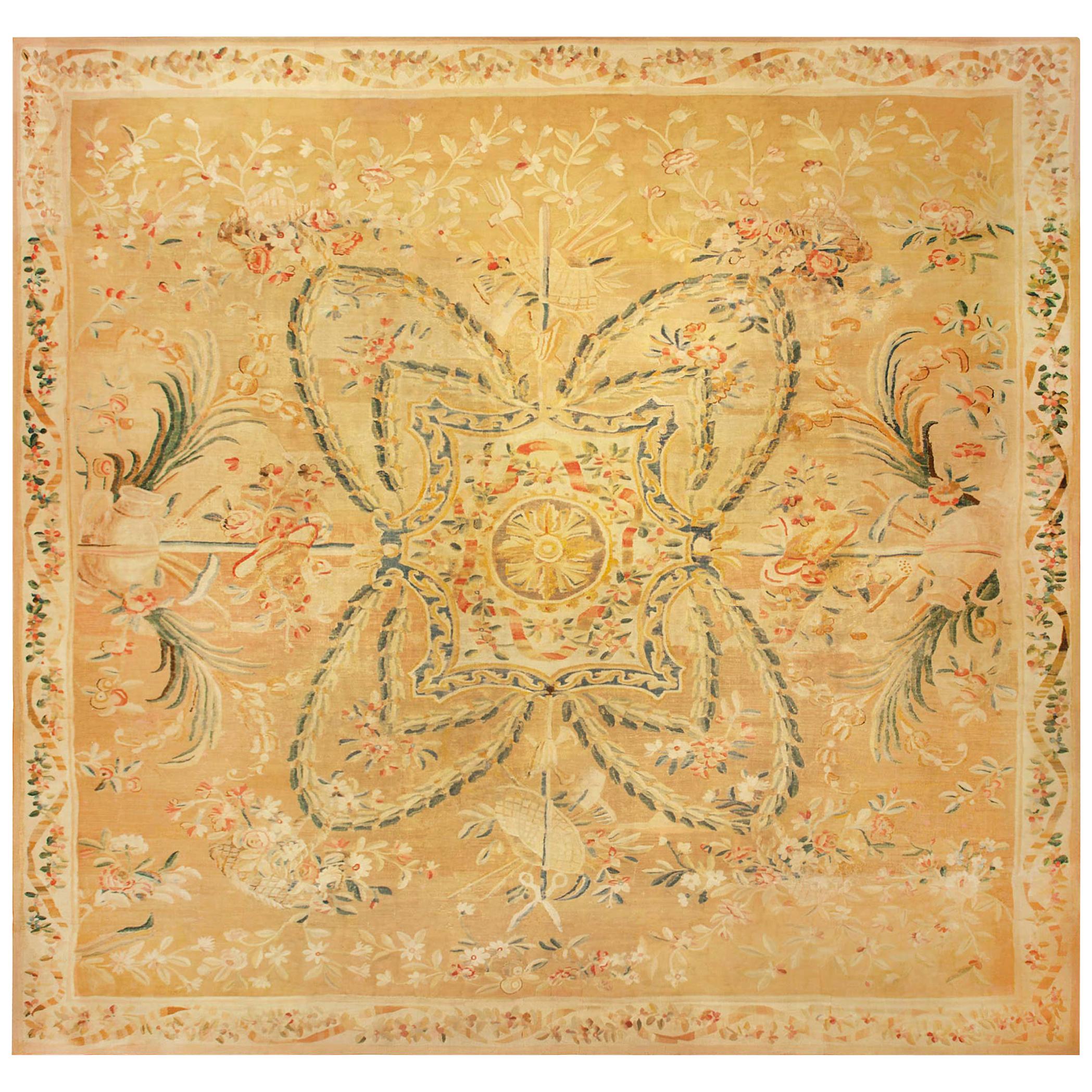 Oversized Antique French Aubusson Yellow Wool Rug For Sale