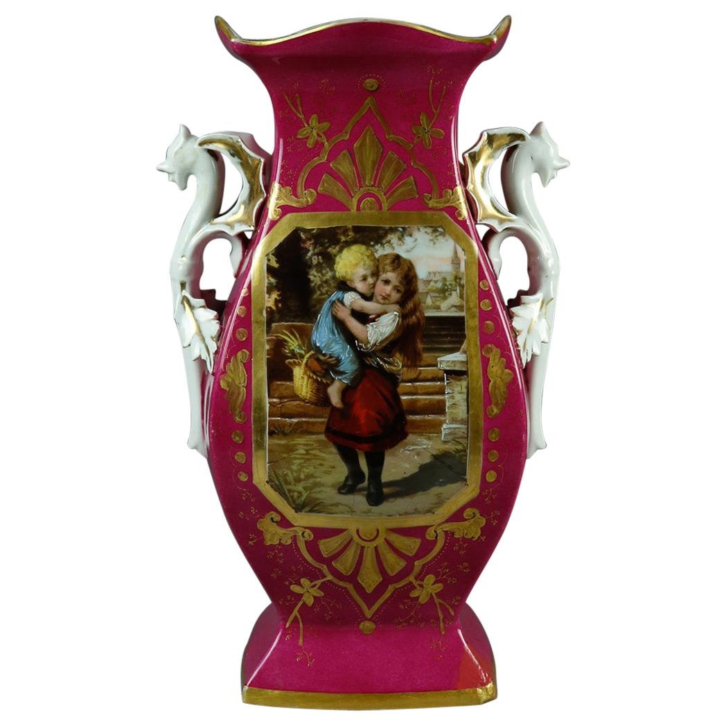 Oversized Antique French Figural Porcelain Pictorial Old Paris Vase, circa 1870