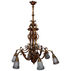 Oversized Antique French Louis XIV Style Bronze 6-Light Chandelier, circa 1920