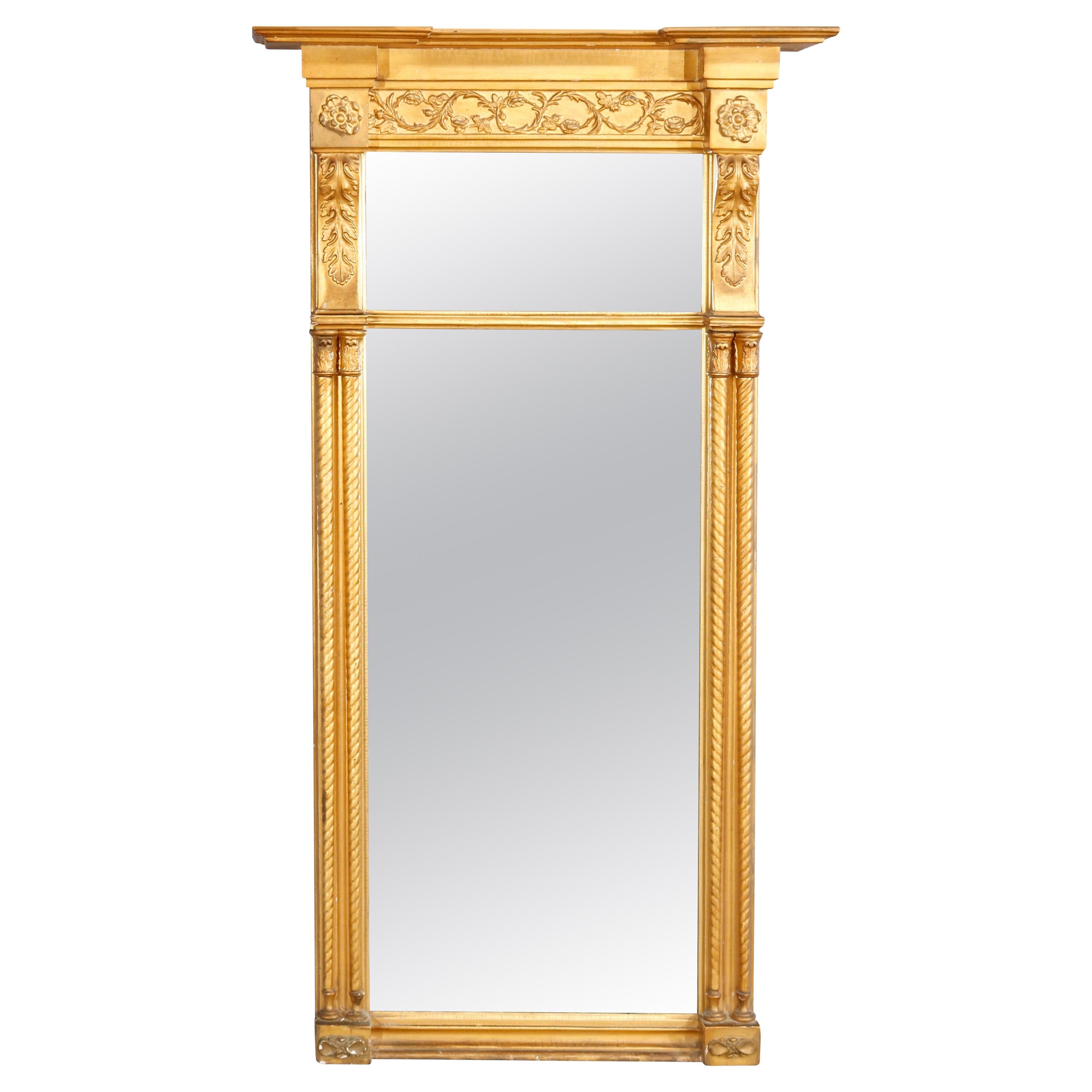 Oversized Antique French Louis XVI Gold Giltwood Trumeau Wall Mirror, circa 1890