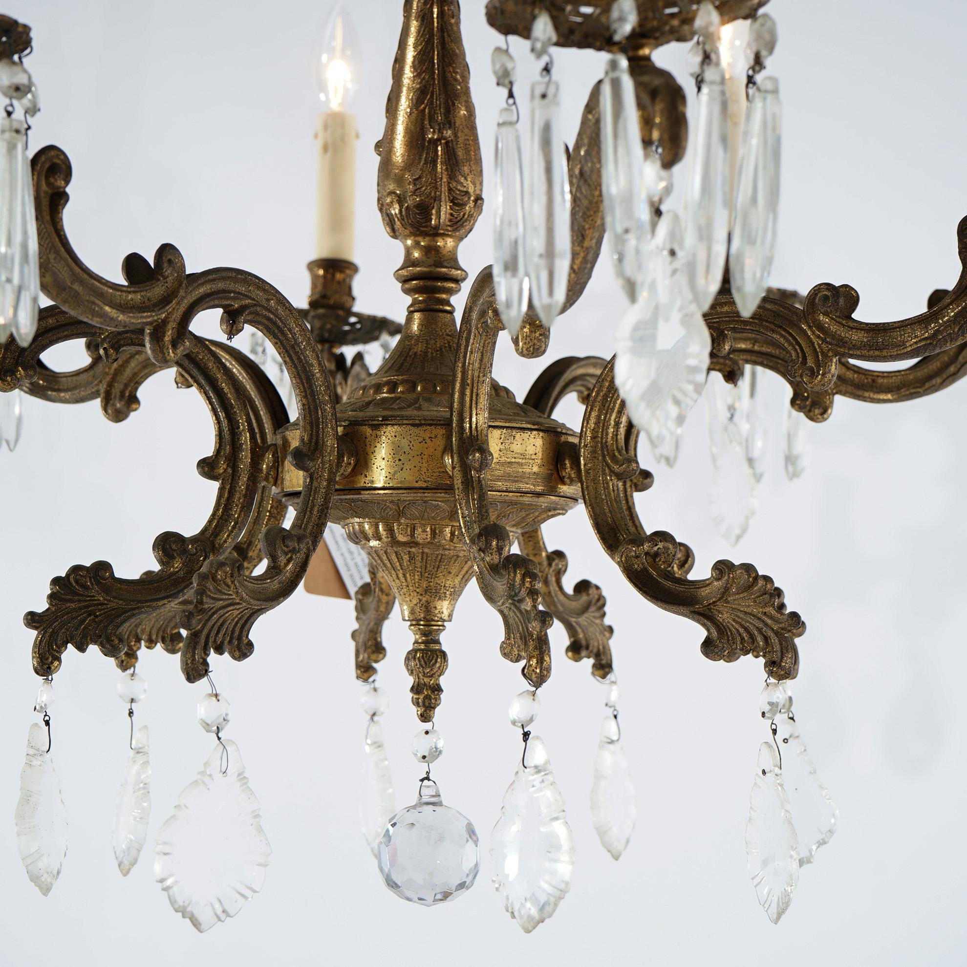 Oversized Antique French Style Brass, Bronze & Crystal 8-Light Chandelier c1940 For Sale 4