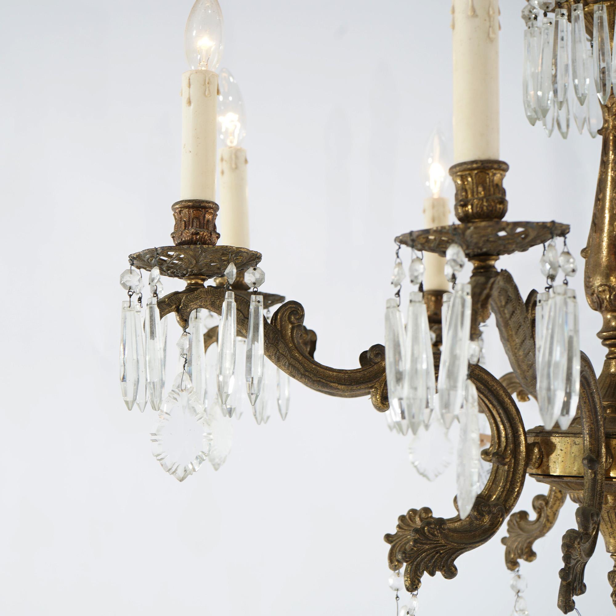 Oversized Antique French Style Brass, Bronze & Crystal 8-Light Chandelier c1940 For Sale 5