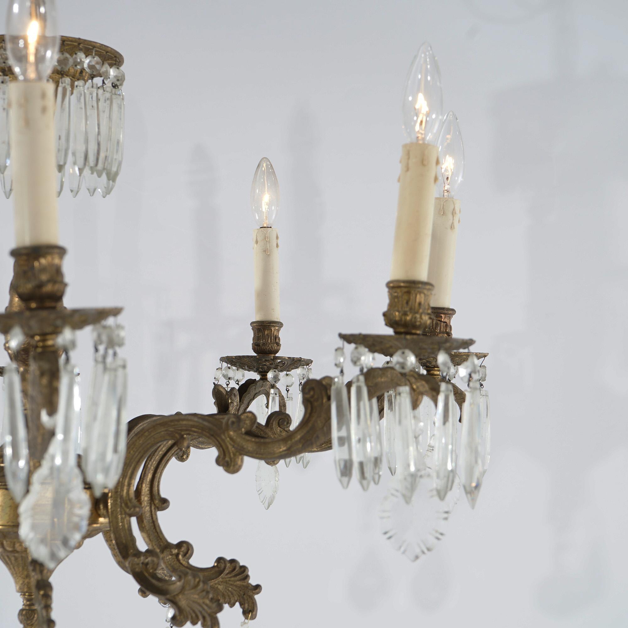 Oversized Antique French Style Brass, Bronze & Crystal 8-Light Chandelier c1940 For Sale 6