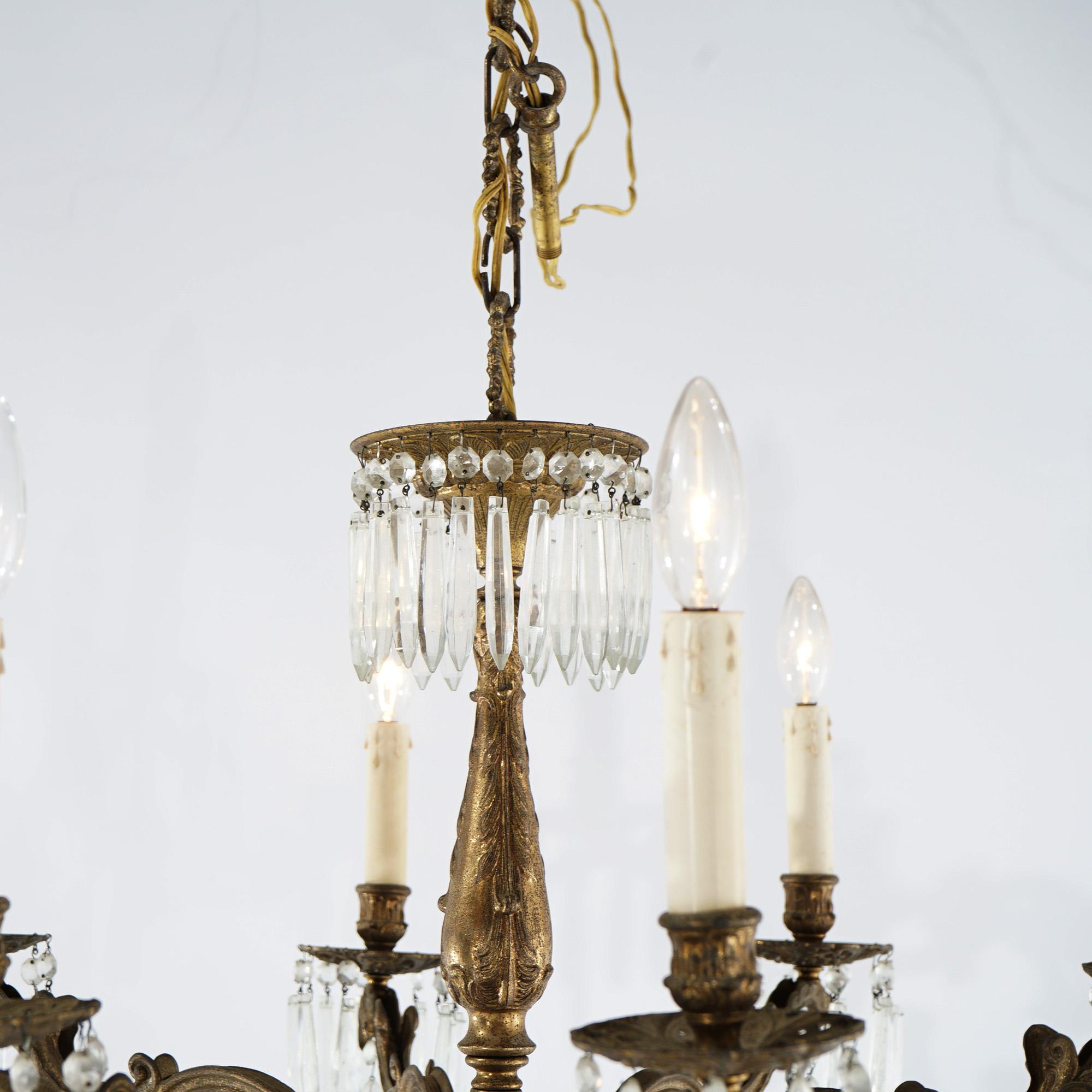 Oversized Antique French Style Brass, Bronze & Crystal 8-Light Chandelier c1940 For Sale 7