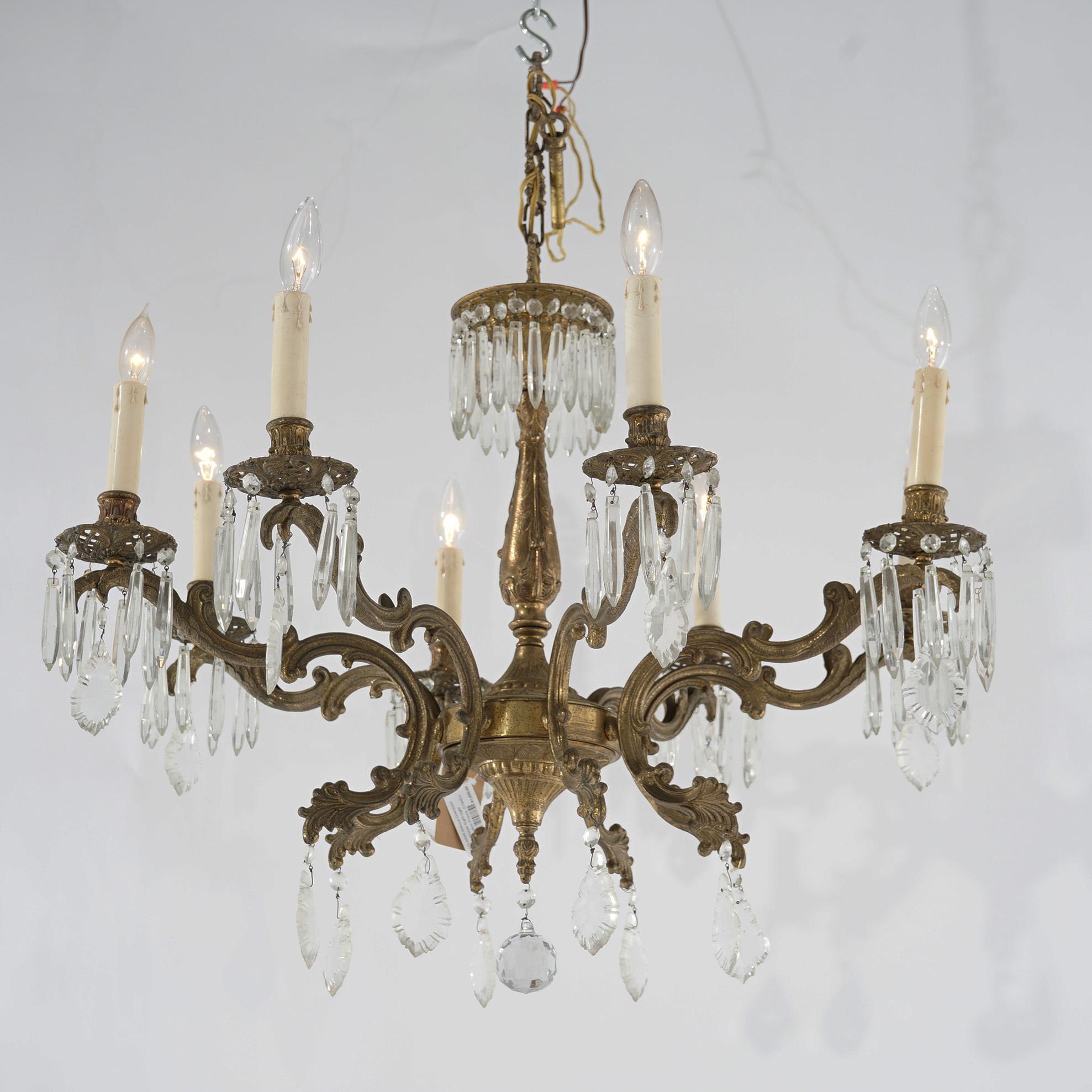 Oversized Antique French Style Brass, Bronze & Crystal 8-Light Chandelier c1940 For Sale 8