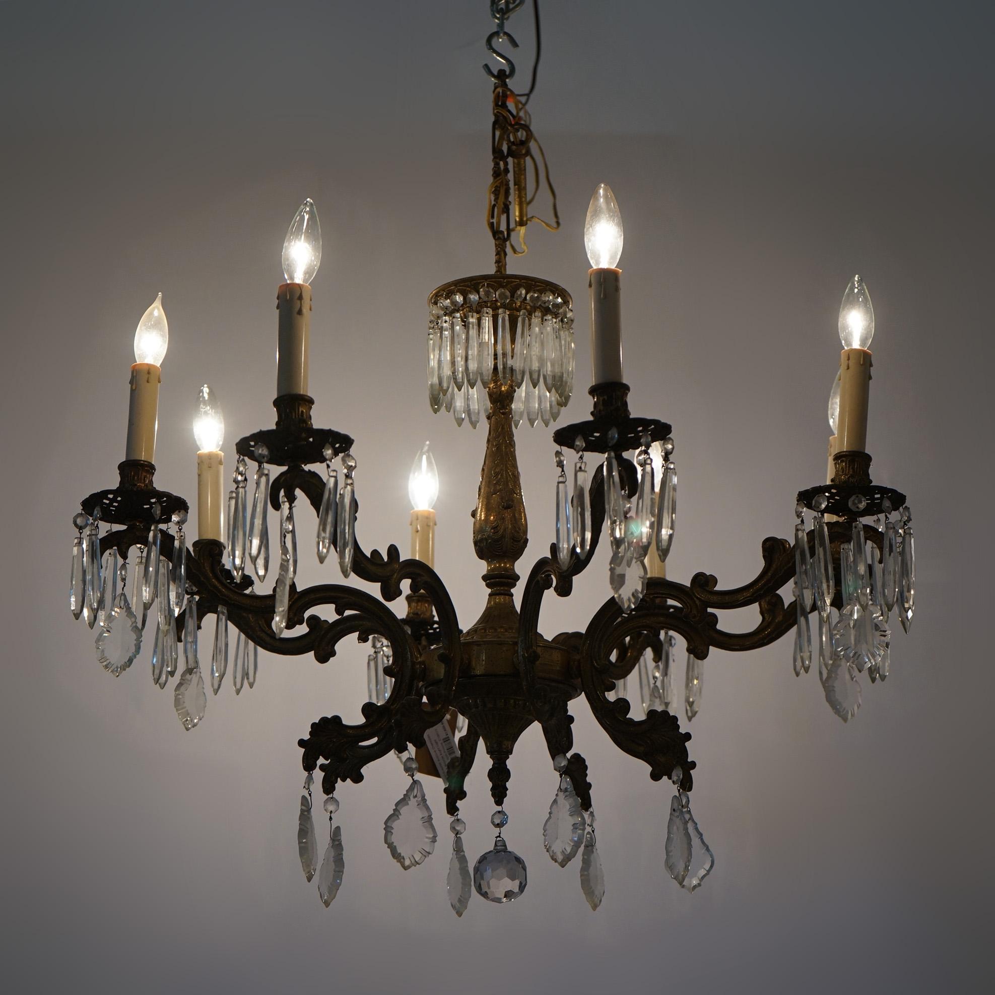 Oversized Antique French Style Brass, Bronze & Crystal 8-Light Chandelier c1940 For Sale 9