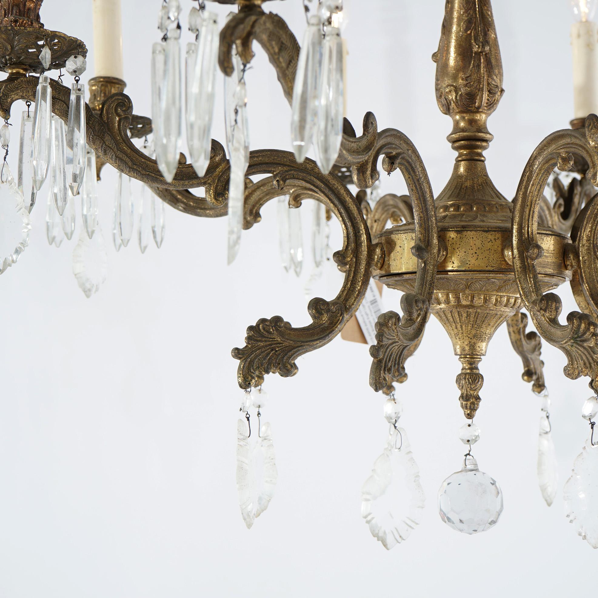 American Oversized Antique French Style Brass, Bronze & Crystal 8-Light Chandelier c1940 For Sale