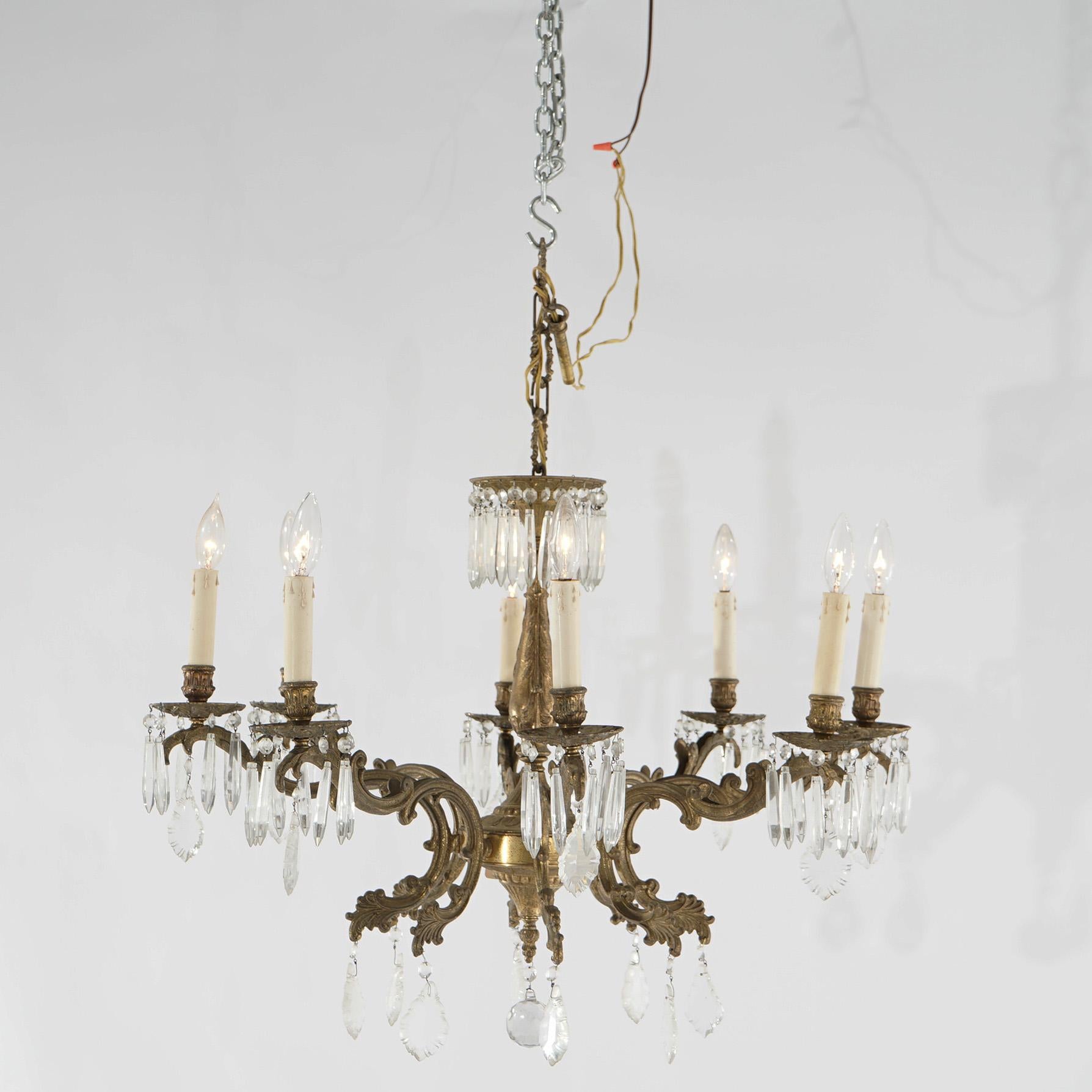 Cast Oversized Antique French Style Brass, Bronze & Crystal 8-Light Chandelier c1940 For Sale