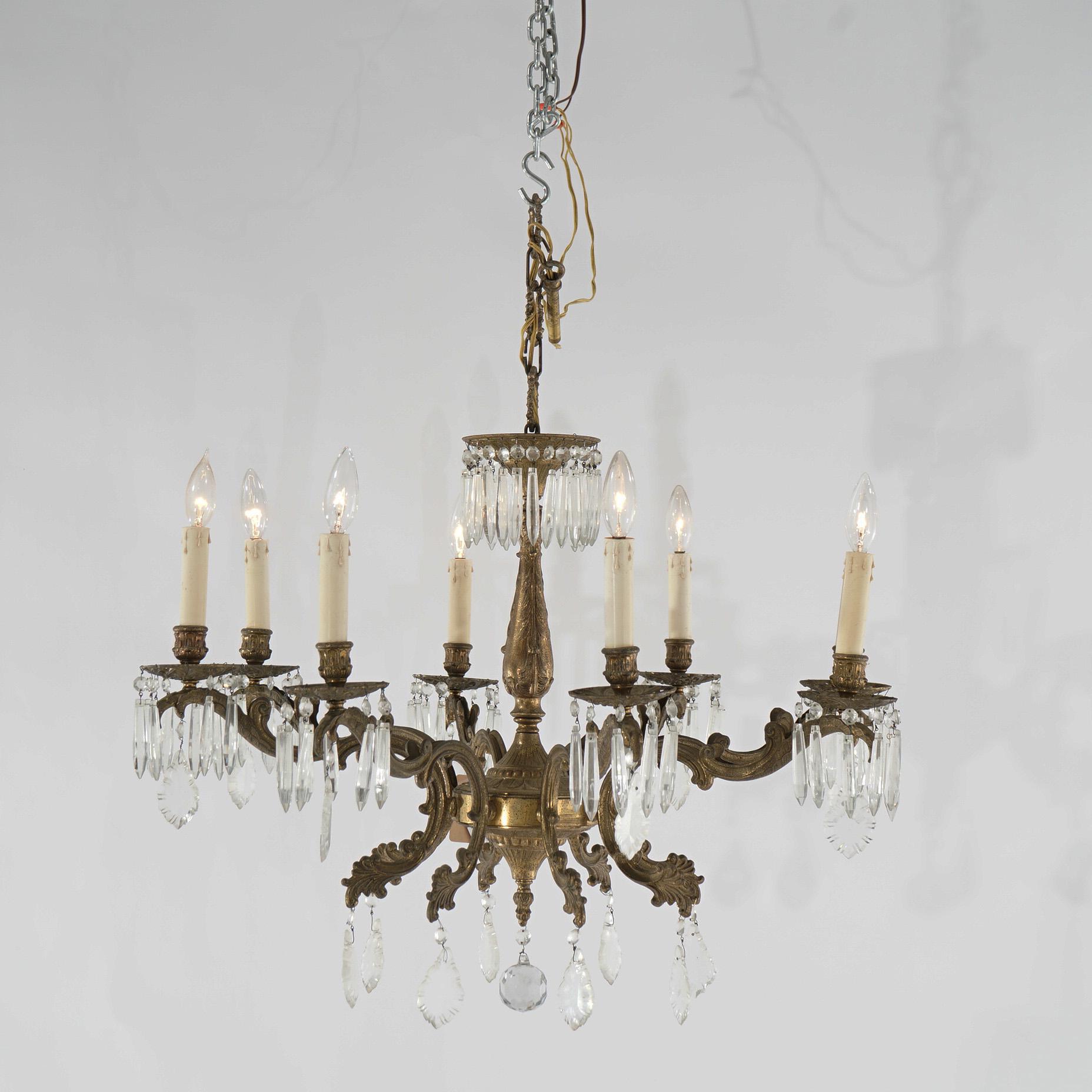 Oversized Antique French Style Brass, Bronze & Crystal 8-Light Chandelier c1940 In Good Condition For Sale In Big Flats, NY
