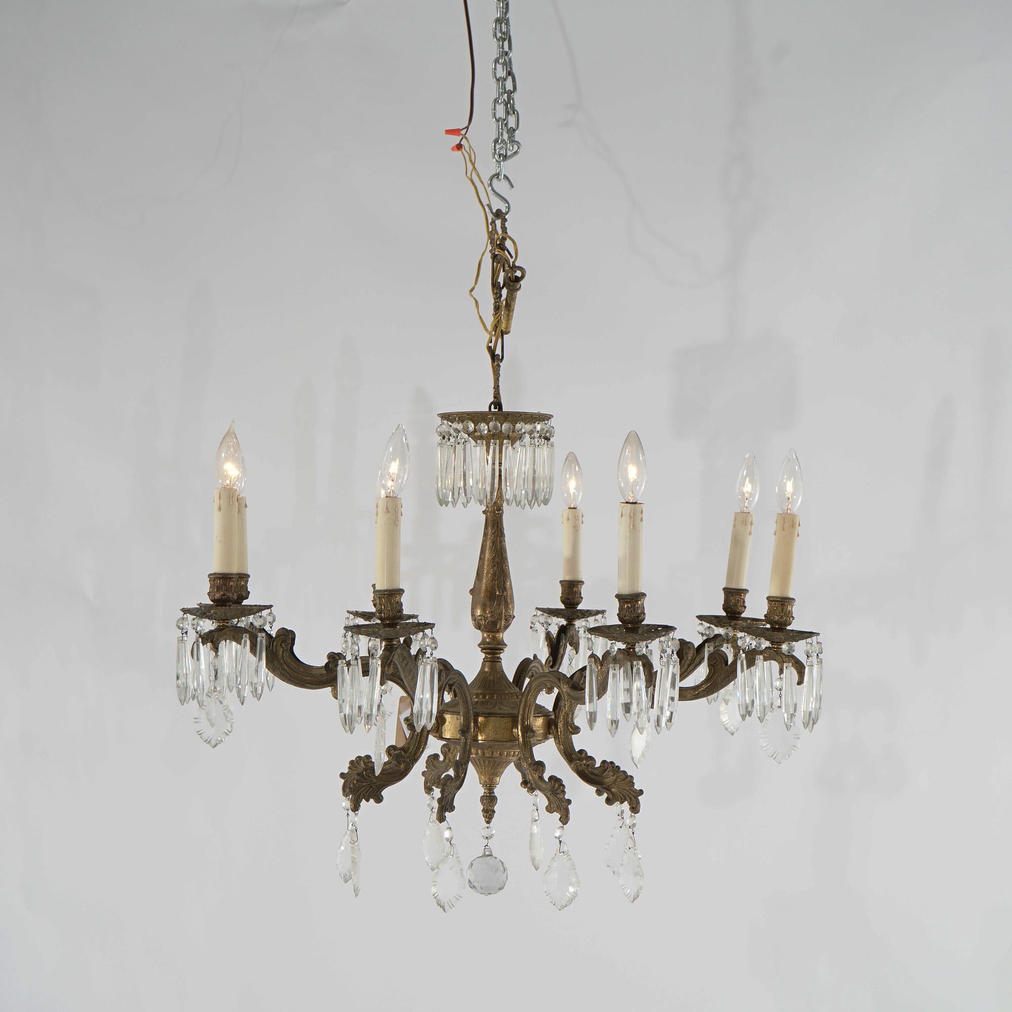 20th Century Oversized Antique French Style Brass, Bronze & Crystal 8-Light Chandelier c1940 For Sale