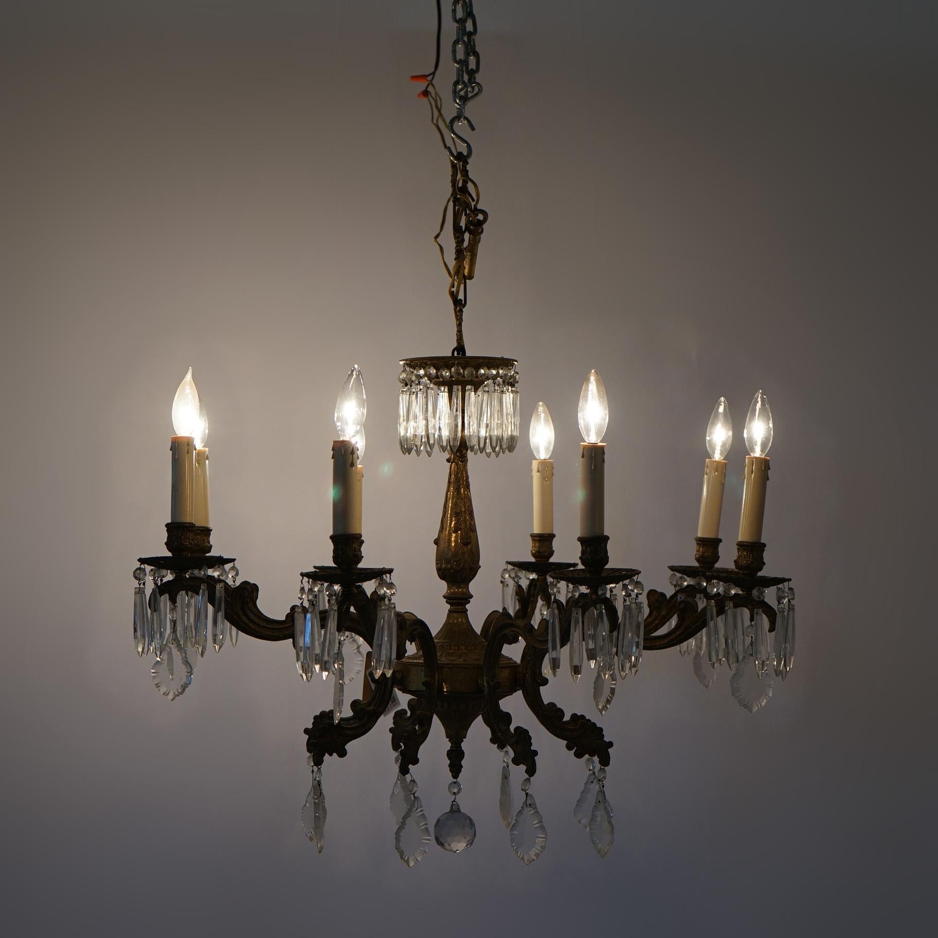 Oversized Antique French Style Brass, Bronze & Crystal 8-Light Chandelier c1940 For Sale 1