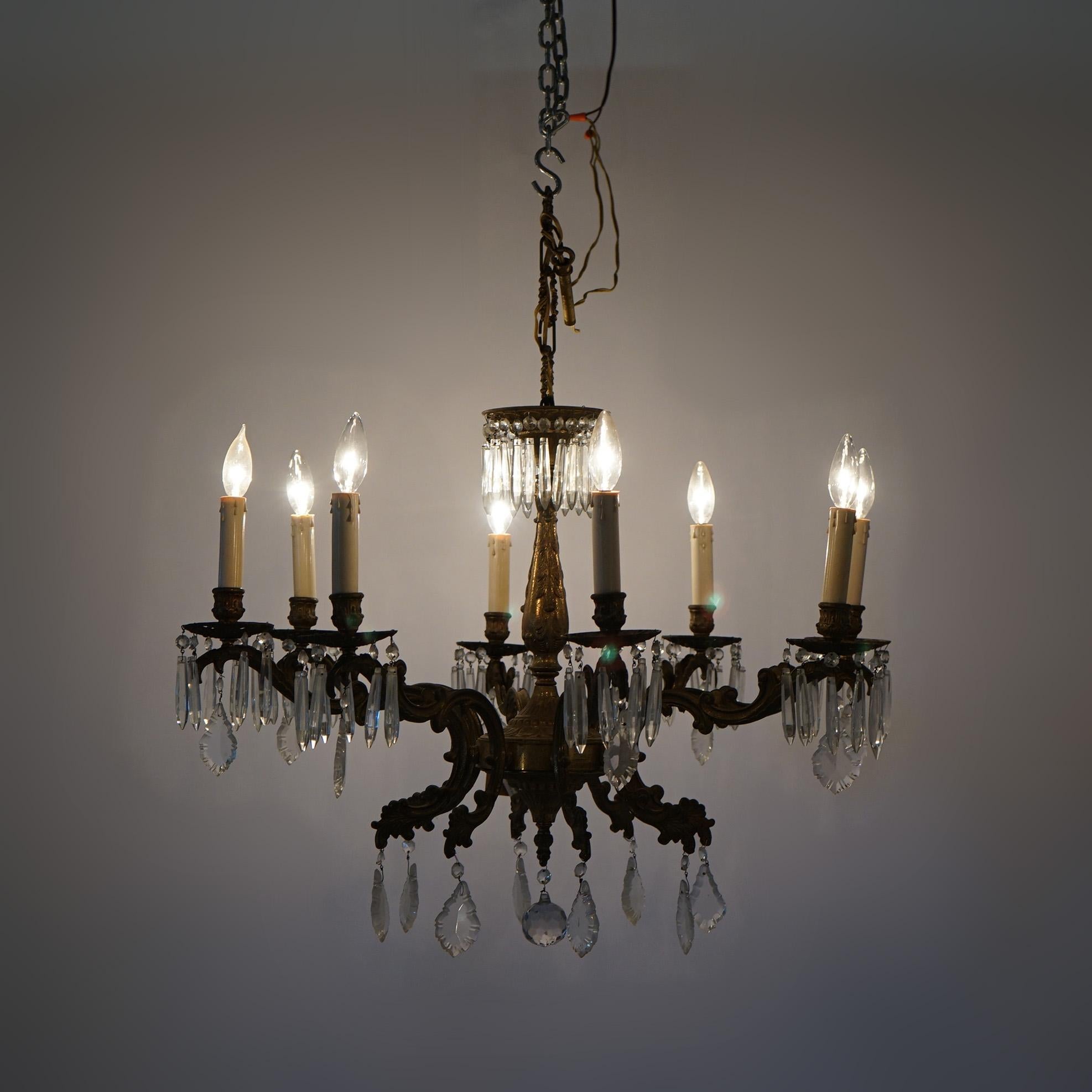 Oversized Antique French Style Brass, Bronze & Crystal 8-Light Chandelier c1940 For Sale 2