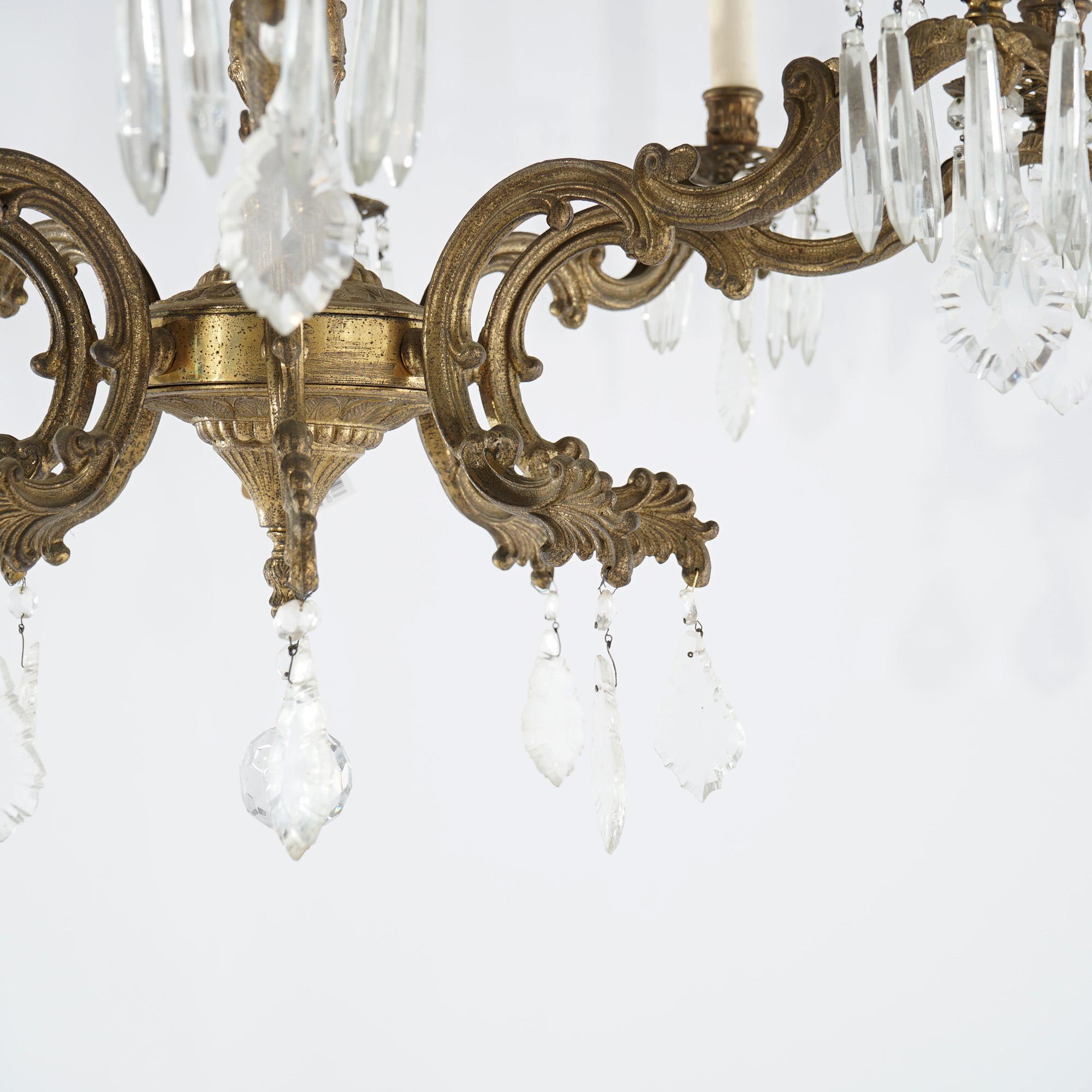 Oversized Antique French Style Brass, Bronze & Crystal 8-Light Chandelier c1940 For Sale 3