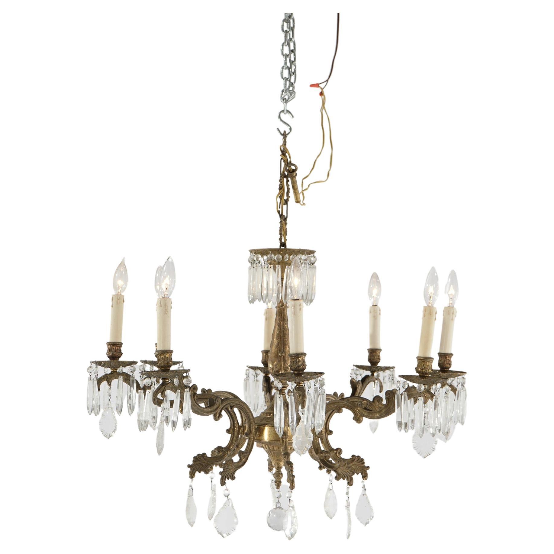 Oversized Antique French Style Brass, Bronze & Crystal 8-Light Chandelier c1940