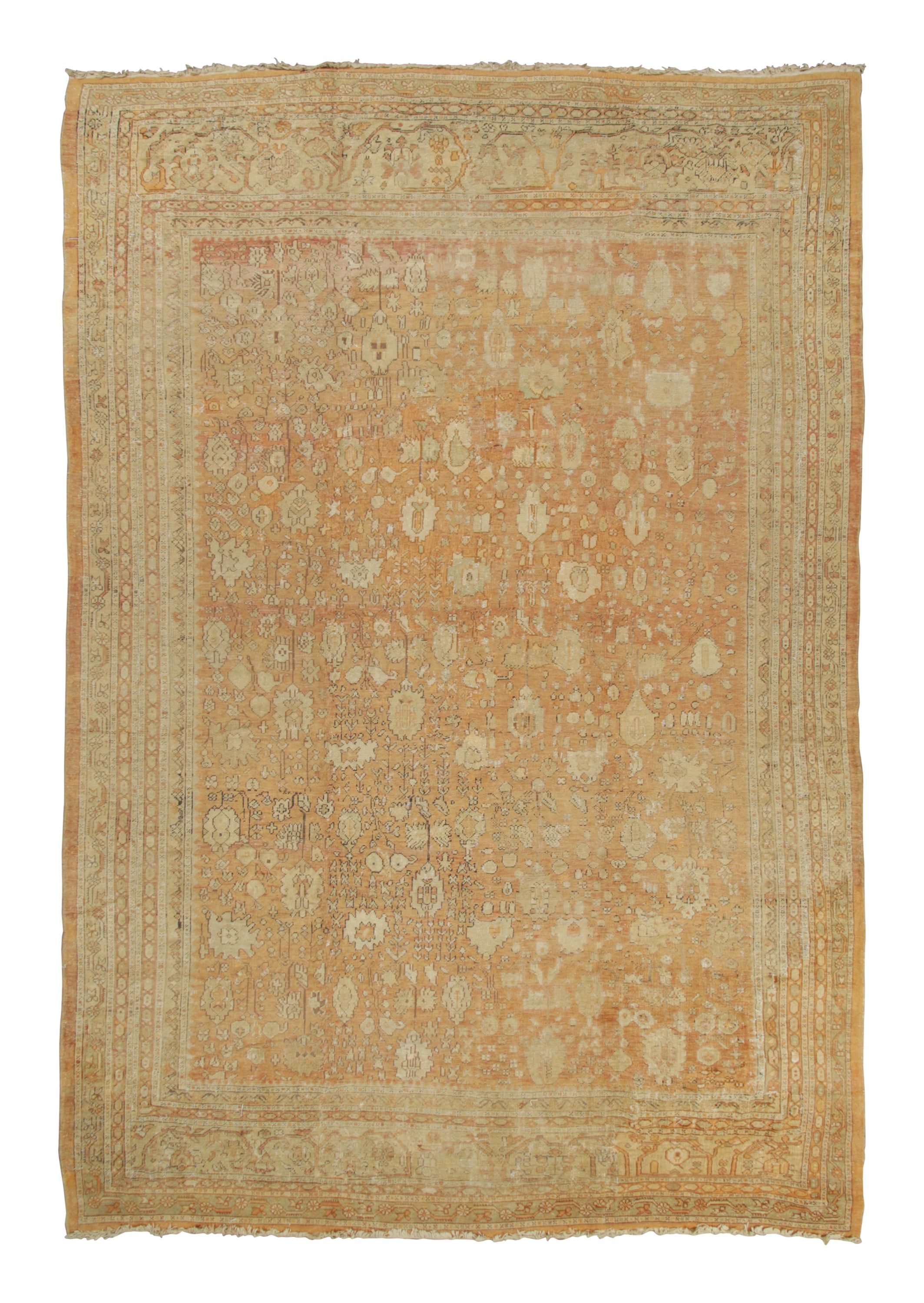 Oversized Antique Ghiordes Rug with Floral Design in Gold Tones - Rug & Kilim