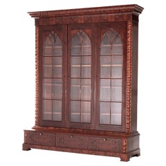 Oversized Antique Gothic Flame Mahogany Bookcase, 19th Century