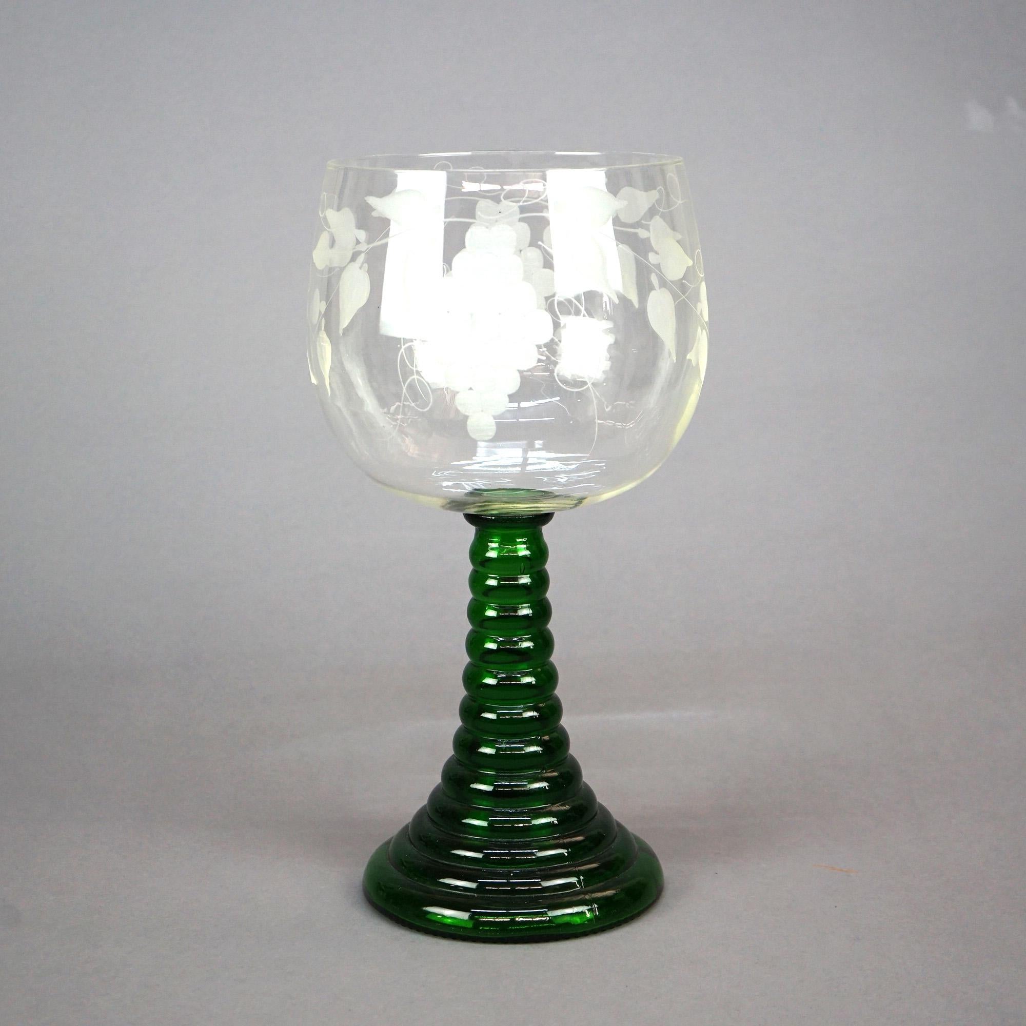 Oversized Antique Grape & Vine Etched Bohemian Emerald Green Chalice, c1900 In Good Condition In Big Flats, NY