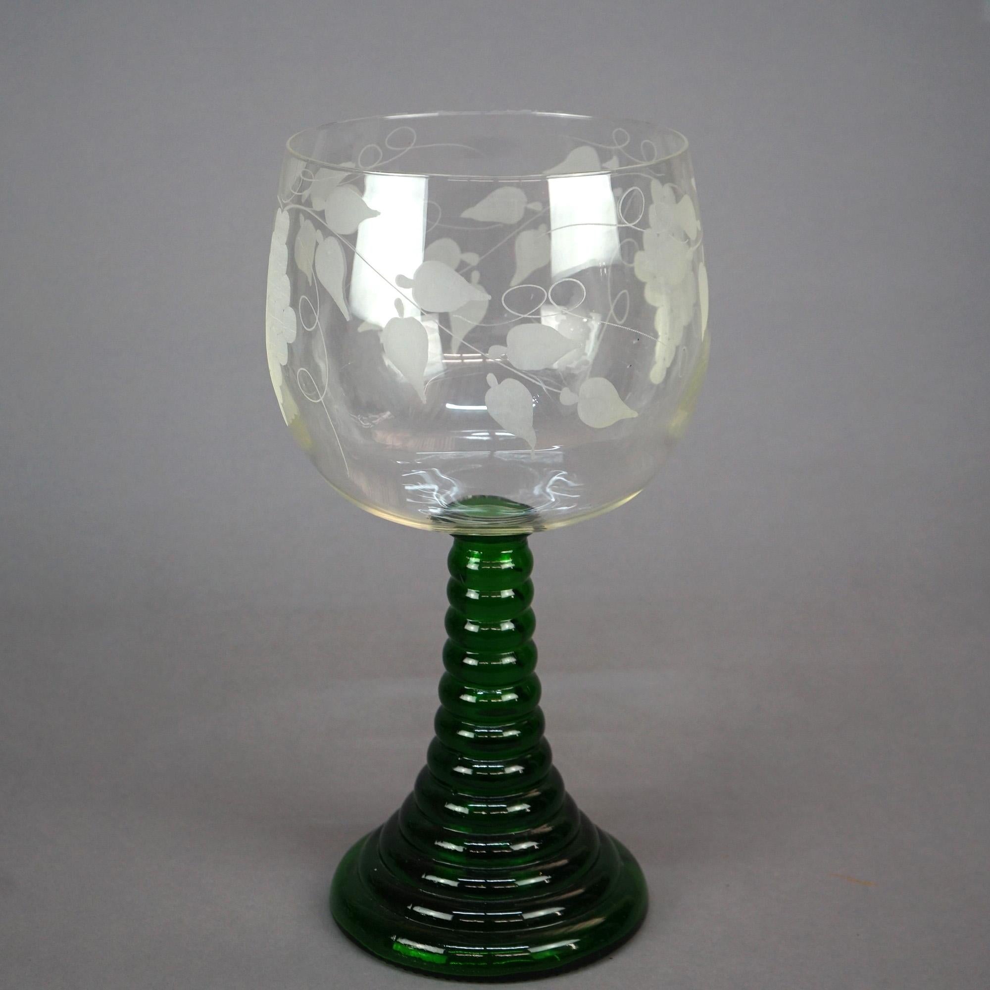 20th Century Oversized Antique Grape & Vine Etched Bohemian Emerald Green Chalice, c1900