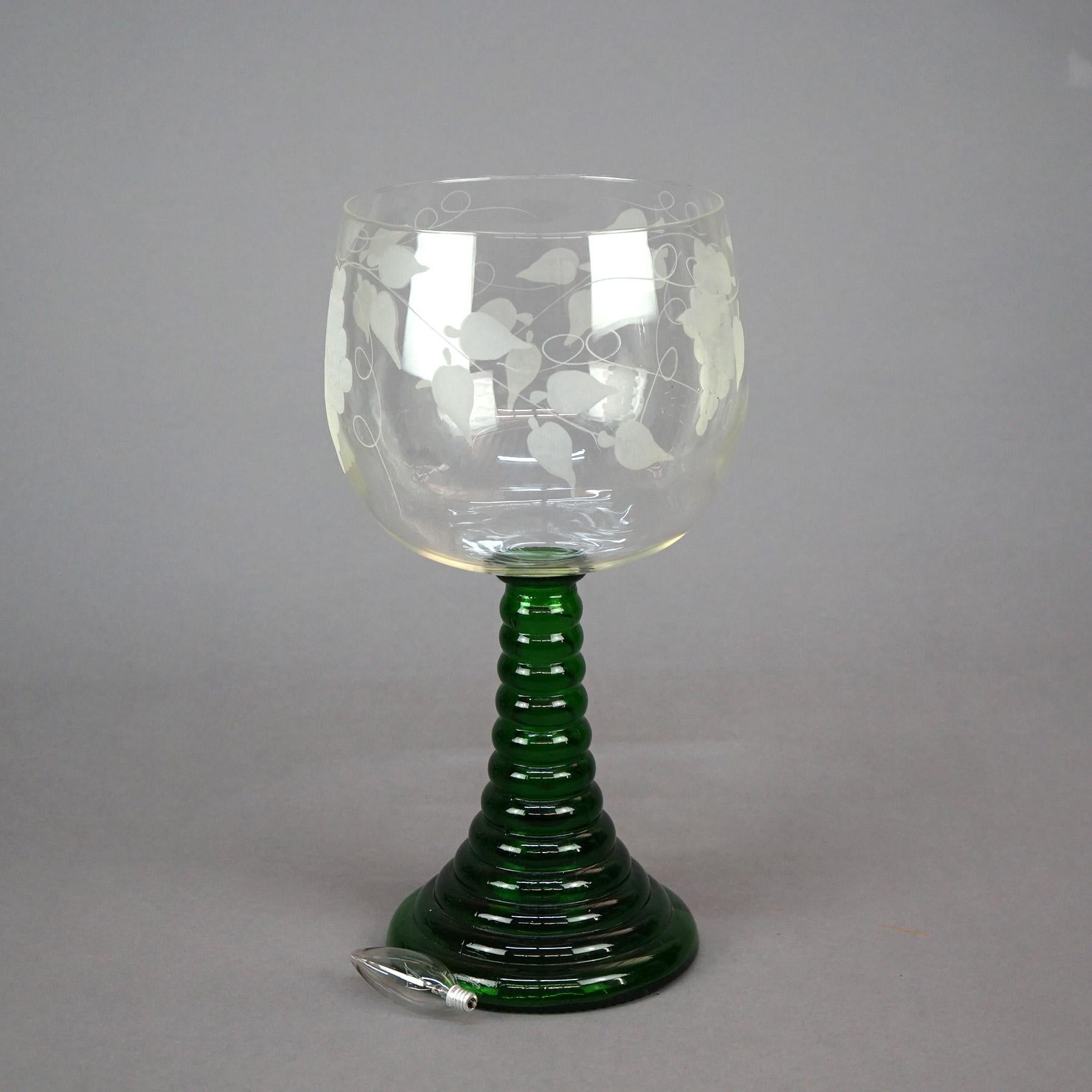 Glass Oversized Antique Grape & Vine Etched Bohemian Emerald Green Chalice, c1900