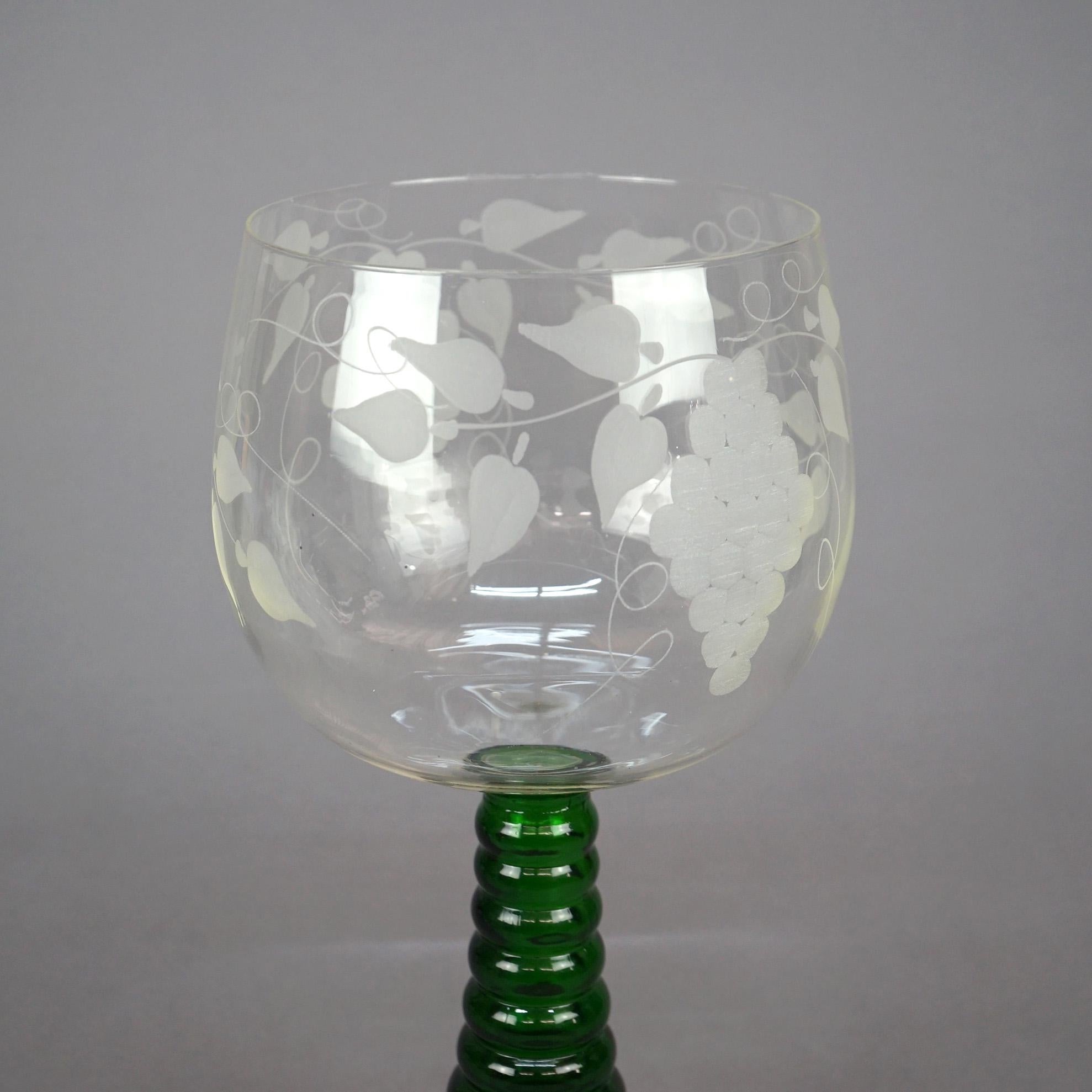 Oversized Antique Grape & Vine Etched Bohemian Emerald Green Chalice, c1900 1