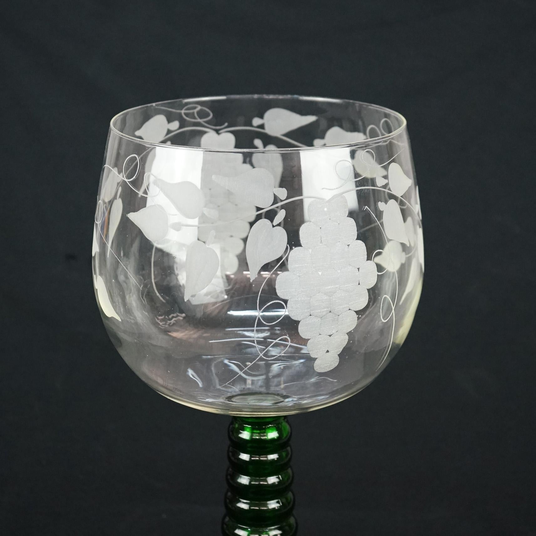 Oversized Antique Grape & Vine Etched Bohemian Emerald Green Chalice, c1900 2