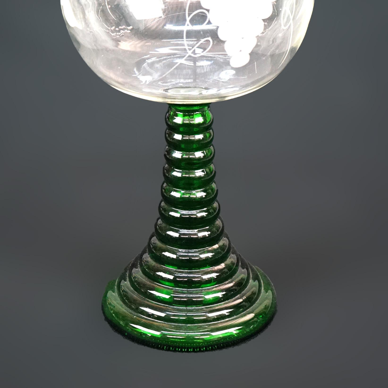 Oversized Antique Grape & Vine Etched Bohemian Emerald Green Chalice, c1900 3