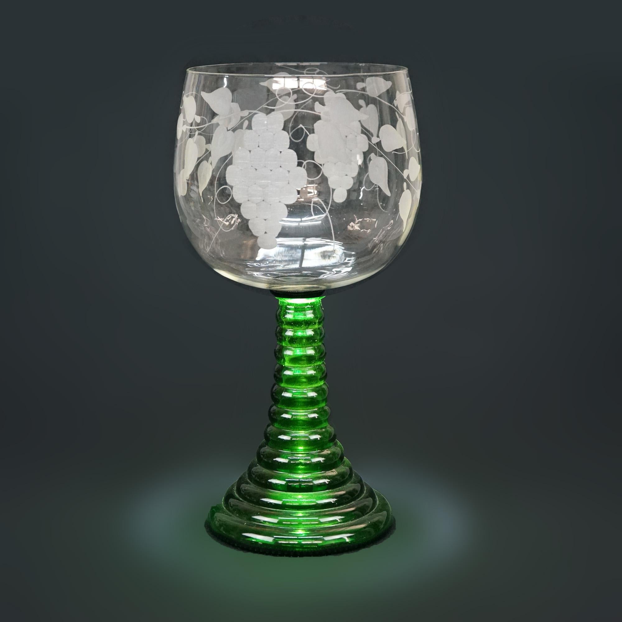 Oversized Antique Grape & Vine Etched Bohemian Emerald Green Chalice, c1900 4