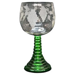 Oversized Antique Grape & Vine Etched Bohemian Emerald Green Chalice, c1900